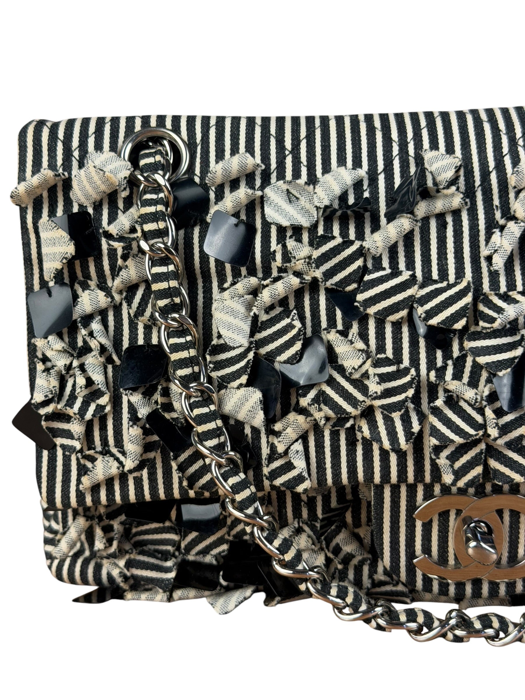 Chanel Black/White Sequin Stripped Medium Double Flap Shoulder Bag