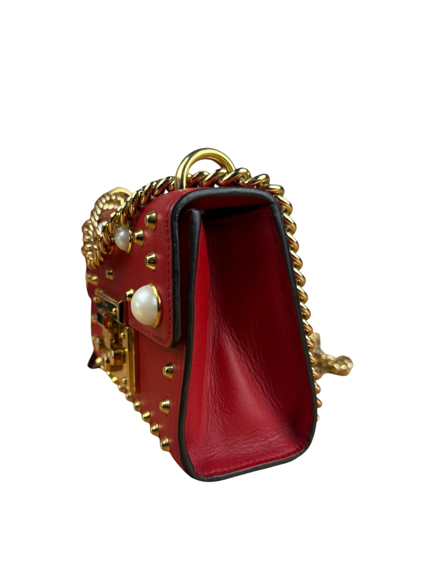 Gucci Red Leather Pearl Studded Padlock Shoulder Bag