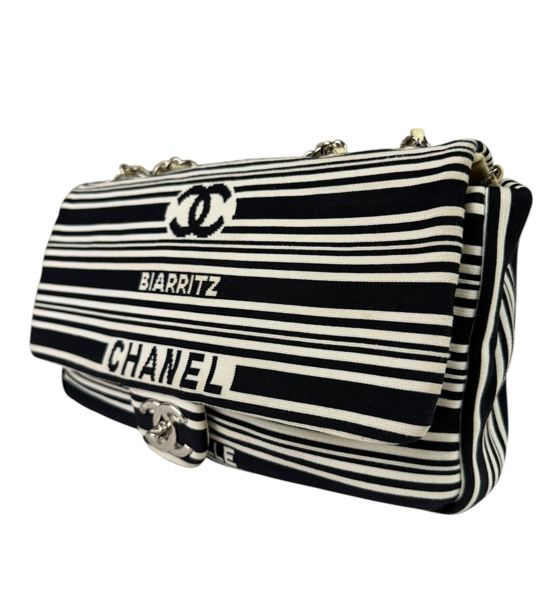 Chanel Black/White Leather Trim/Cloth Venise Biarritz Flap Bag 2019