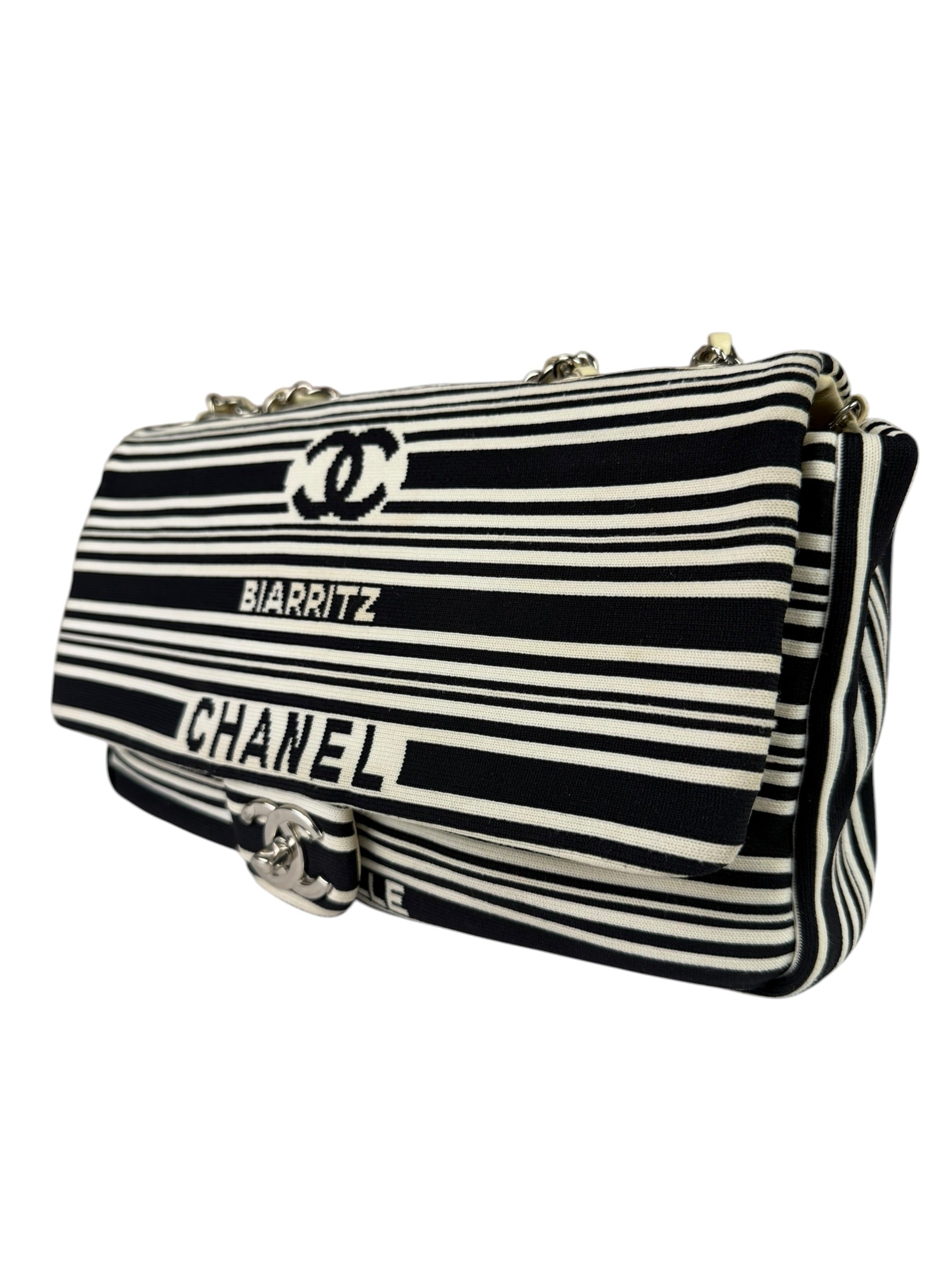 Chanel Black/White Leather Trim/Cloth Venise Biarritz Flap Bag 2019