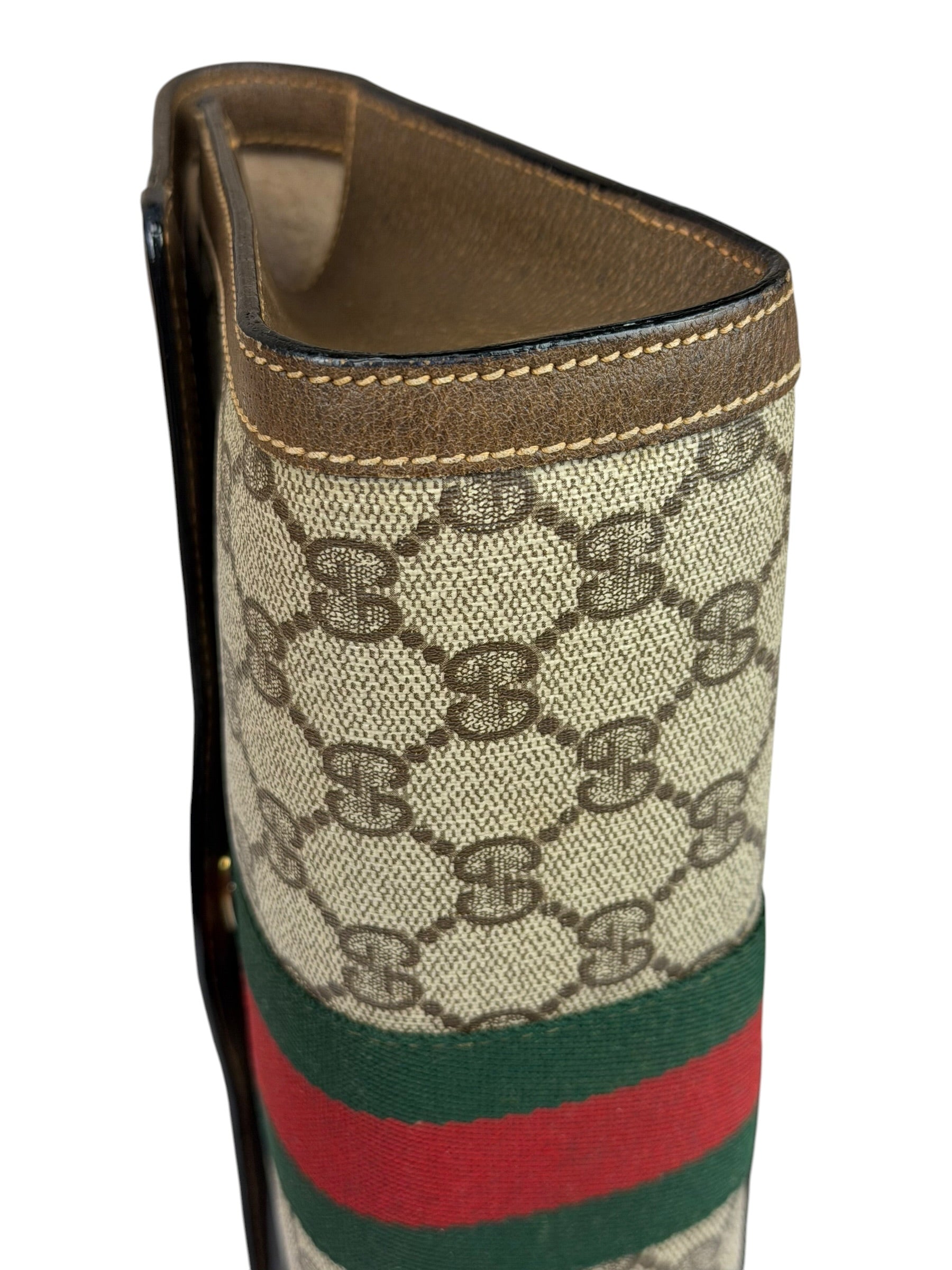 Gucci Brown Leather GG Supreme Web Stripe Clutch