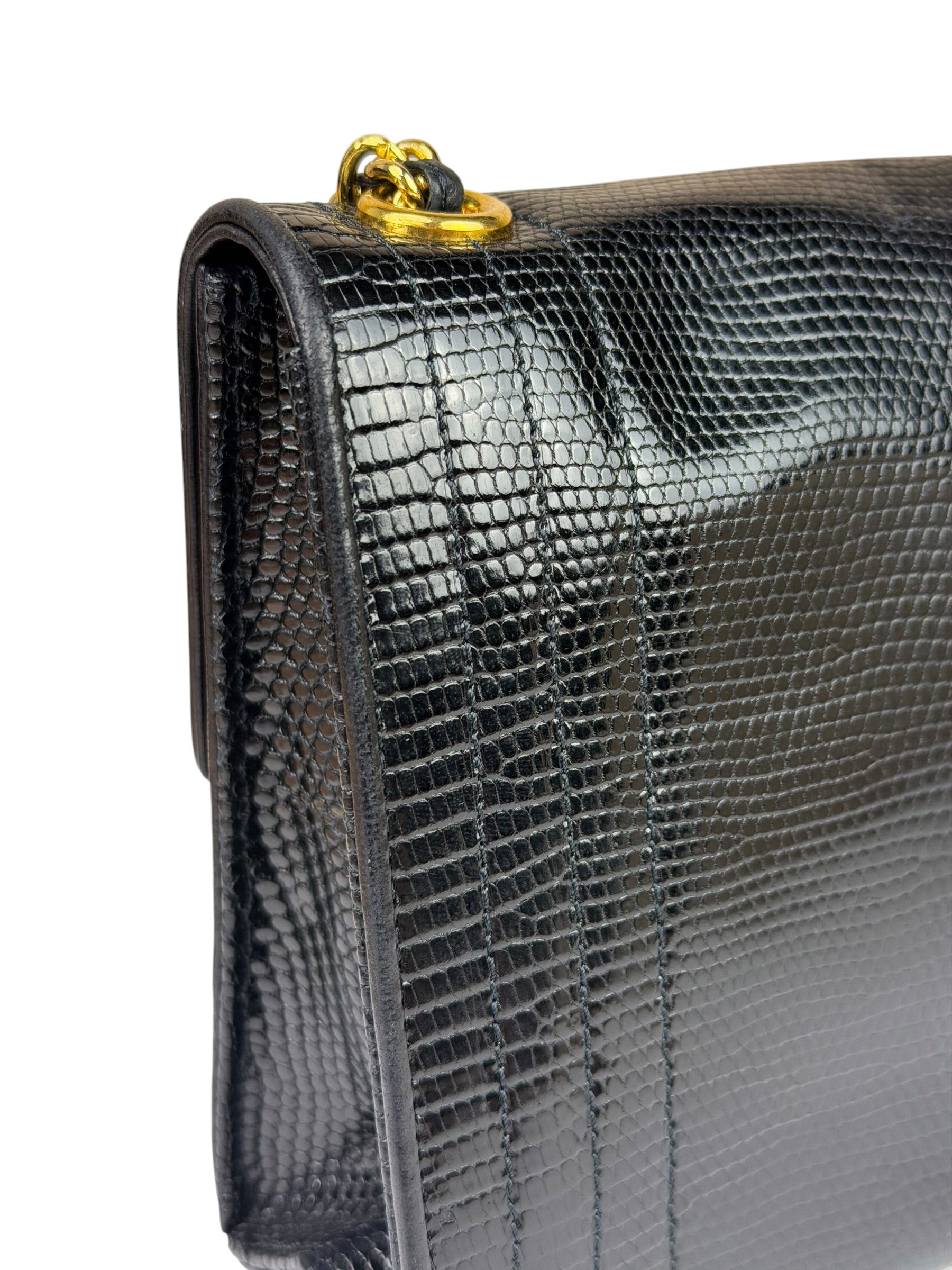 Chanel Black Lizard Leather Envelope Flap Bag 1986