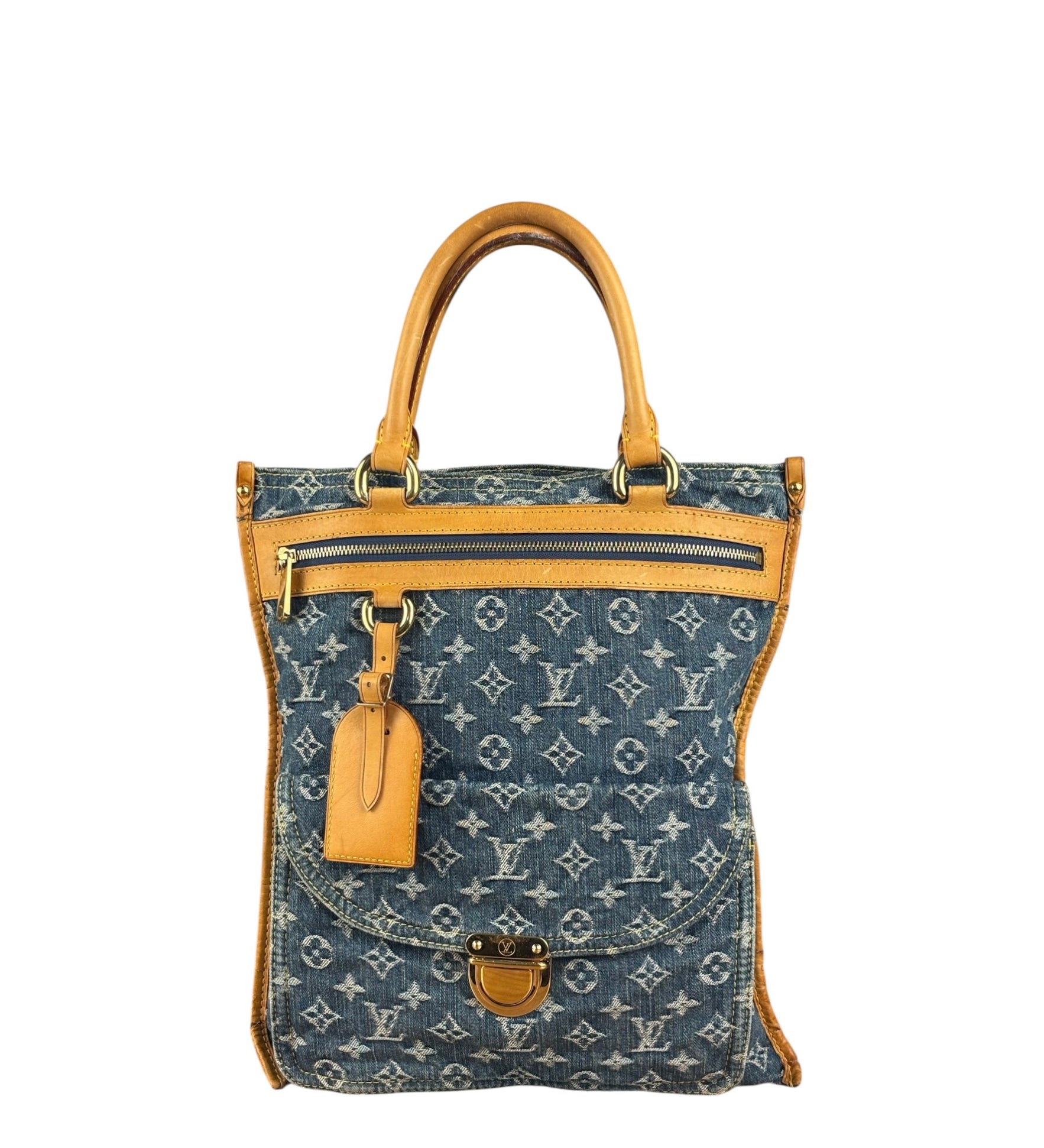 Louis Vuitton Denim Leather Trim Monogram Flat Tote Bag
