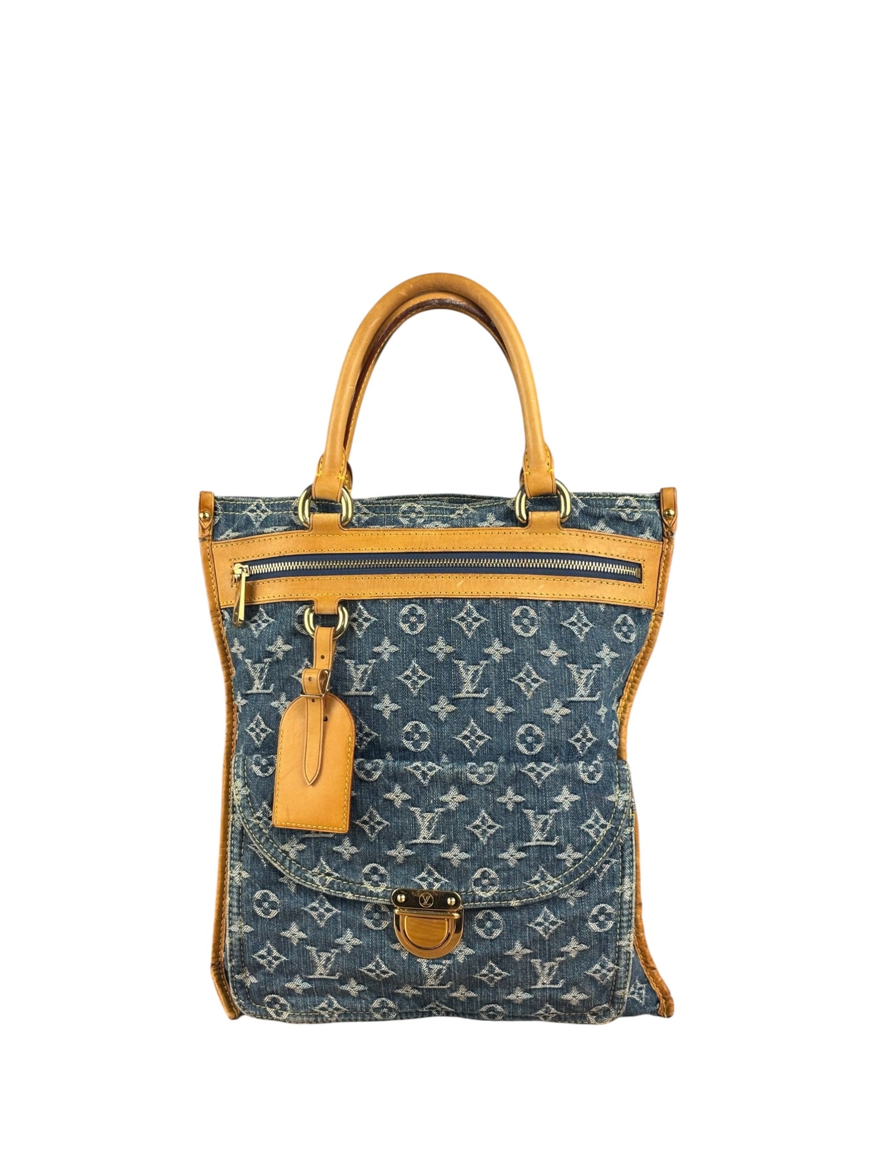 Louis Vuitton Denim Leather Trim Monogram Flat Tote Bag