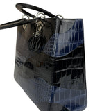 Christian Dior Rare Black/Navy Croc Embossed Lady Dior Handbag