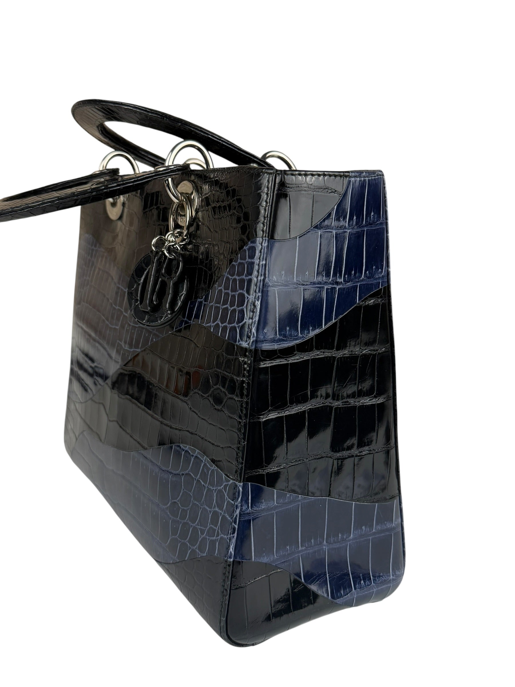 Christian Dior Rare Black/Navy Croc Embossed Lady Dior Handbag