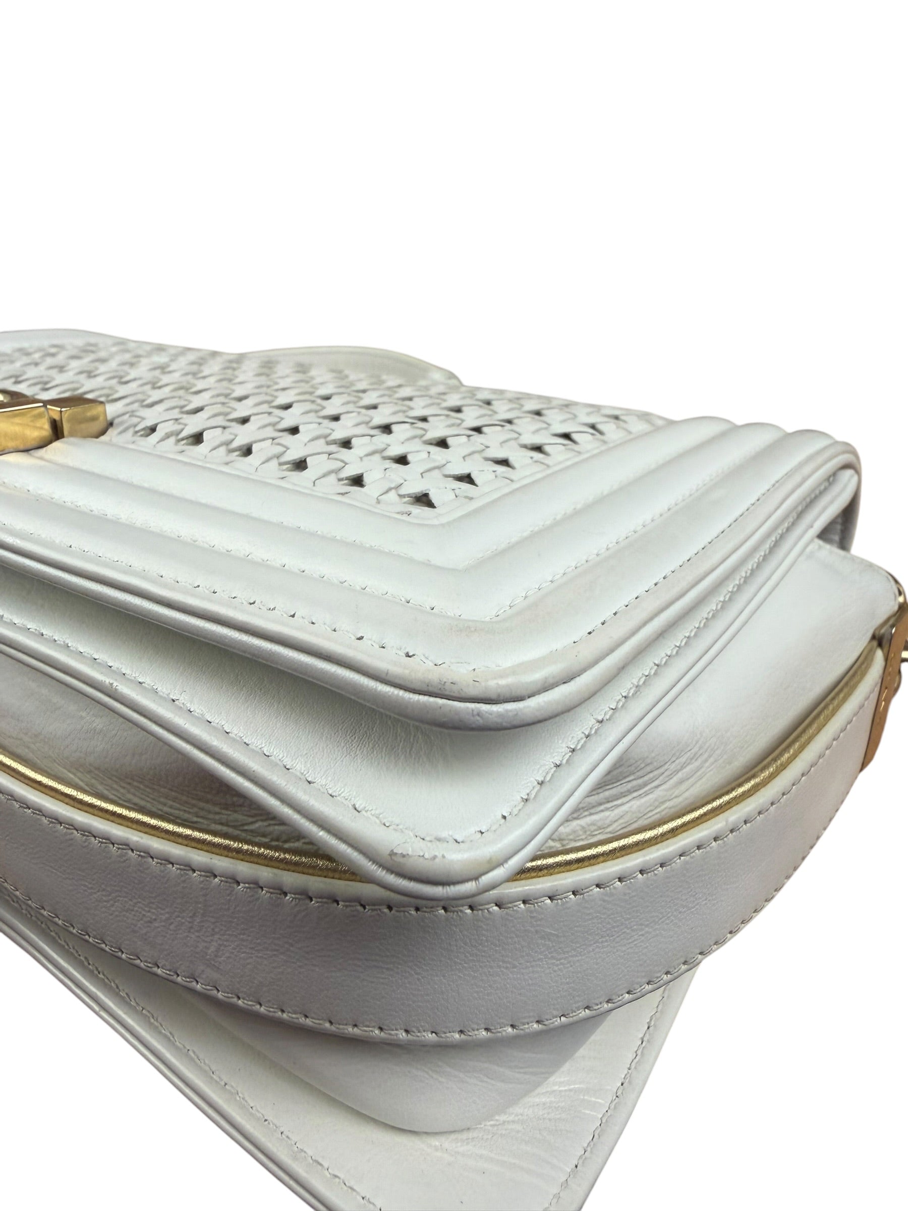 Chanel Vintage White Leather Braided Boy Shoulder Bag 1989