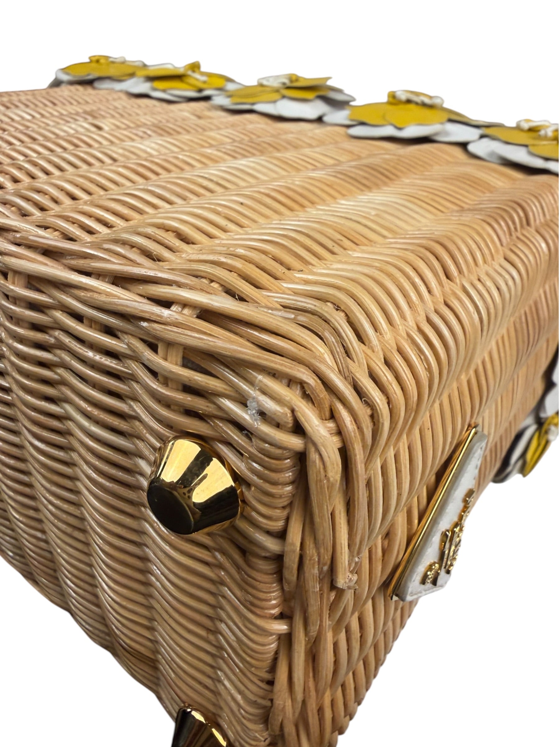 Prada Midollino Leather Trim Wicker Canvas Flower Basket