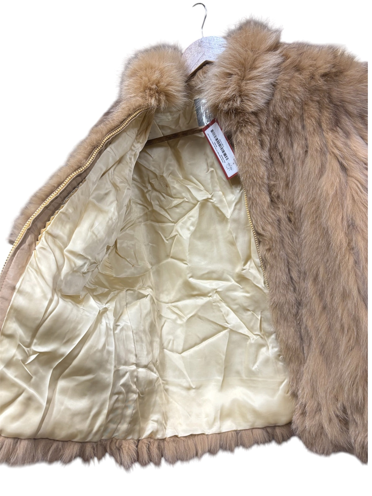 Vintage Beige Saga Fox Zip-Up Leather Trim Fur Coat