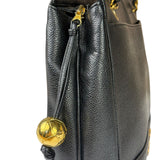 Chanel Vintage Black Caviar Leather Triple CC Chain Tote Bag
