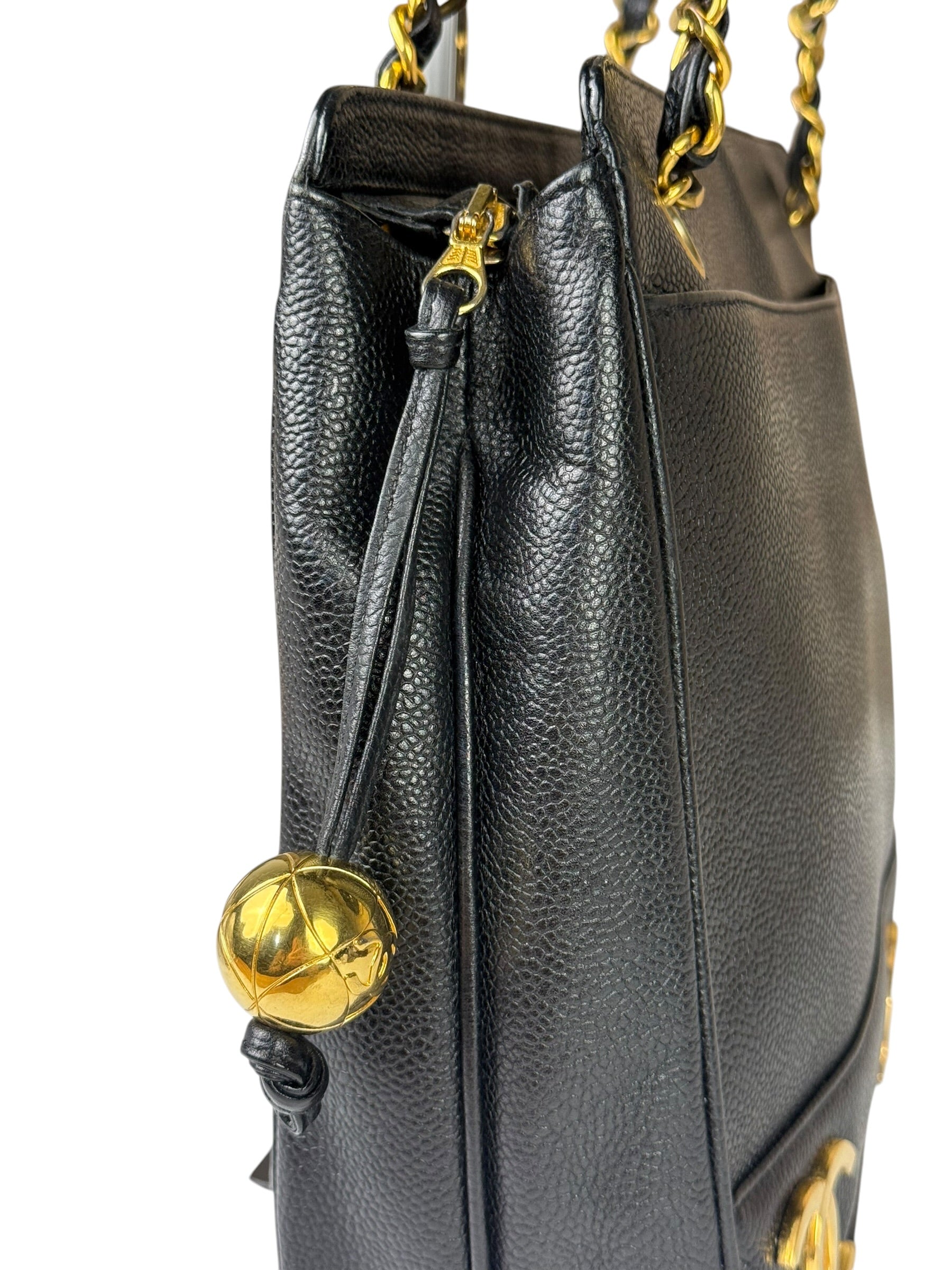 Chanel Vintage Black Caviar Leather Triple CC Chain Tote Bag