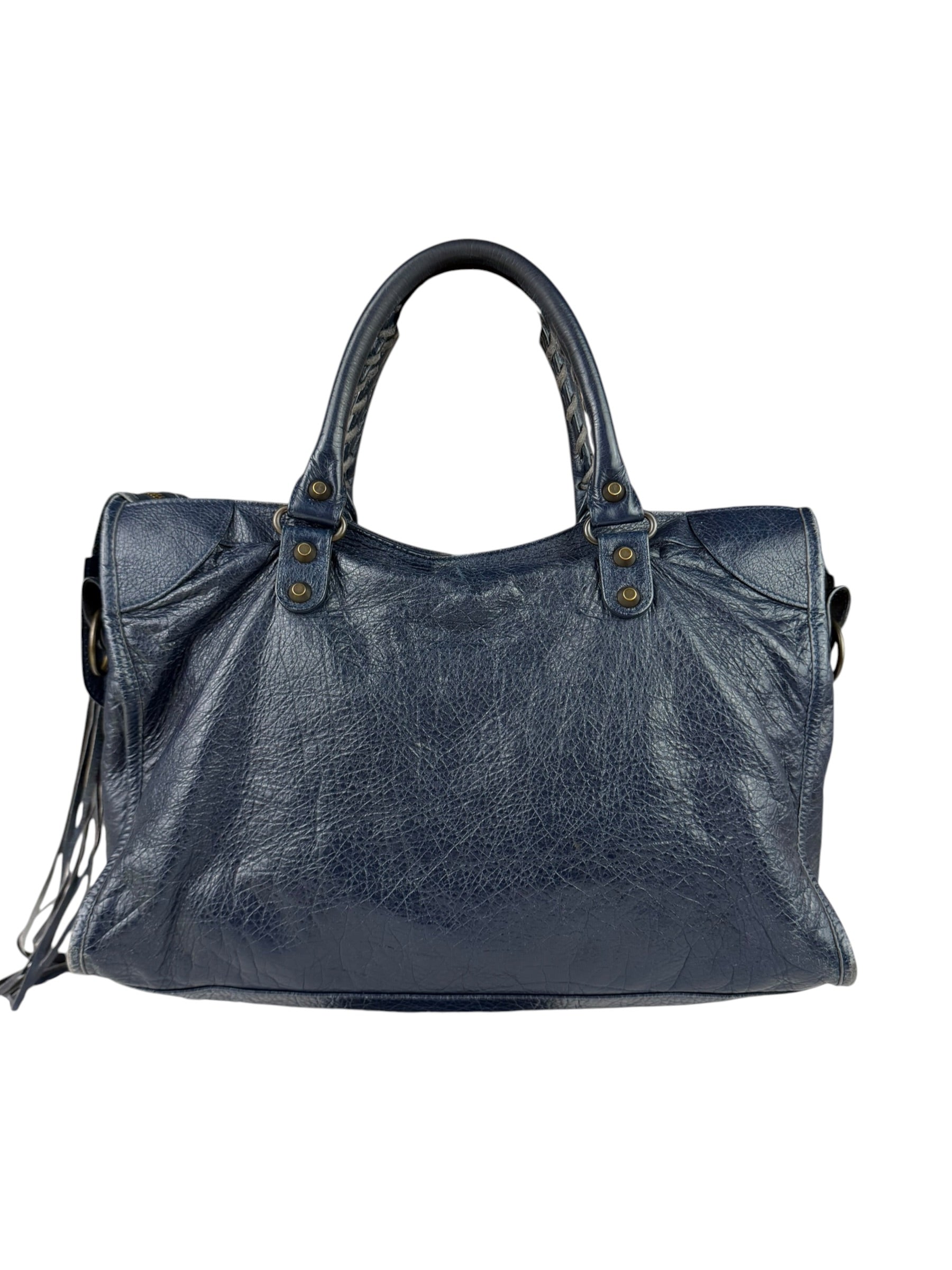 Balenciaga Navy Lambskin Moto Work Two-Way Bag