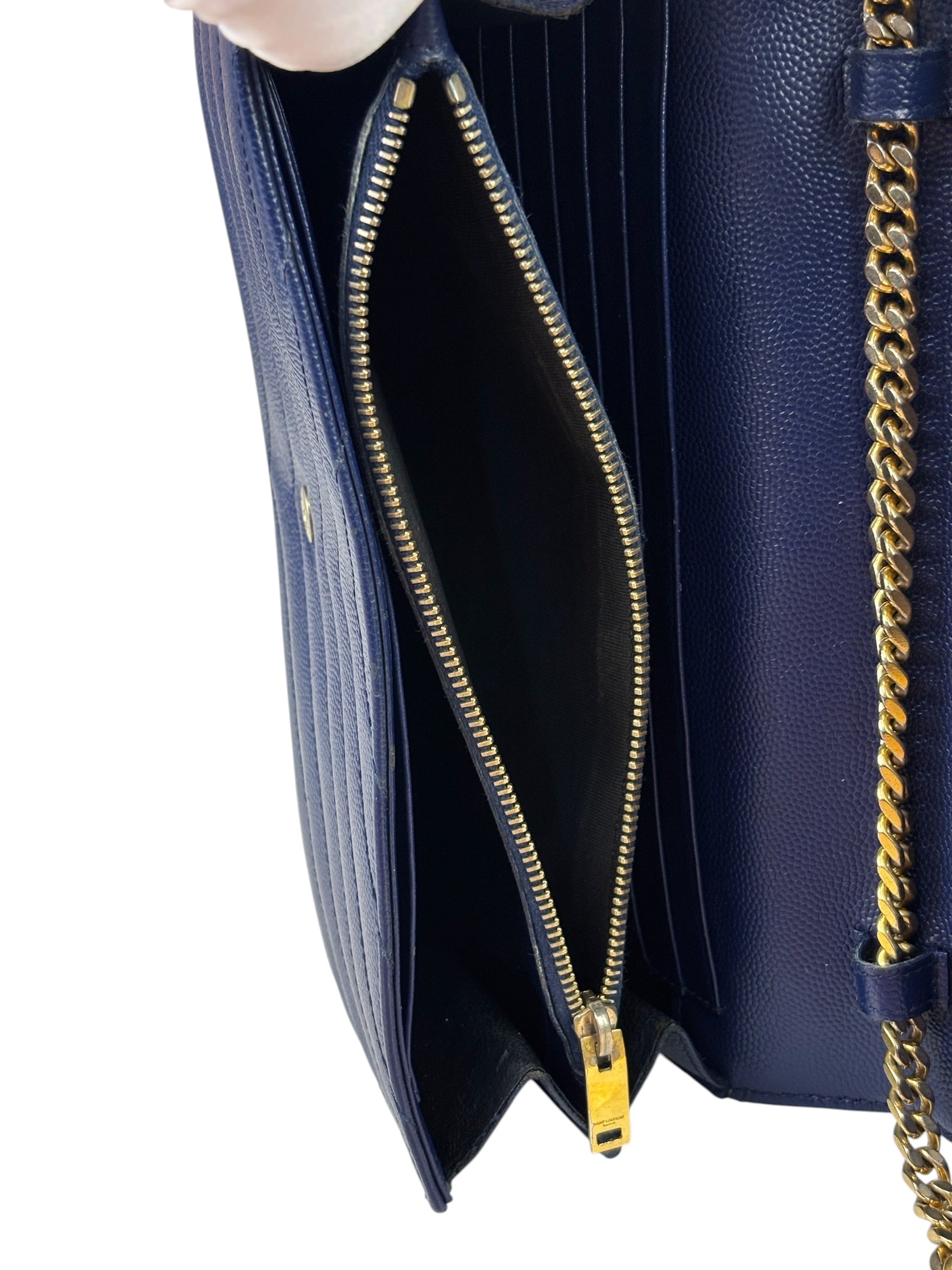 YSL Navy Blue Chevron Leather Cassandre Envelope Wallet On Chain