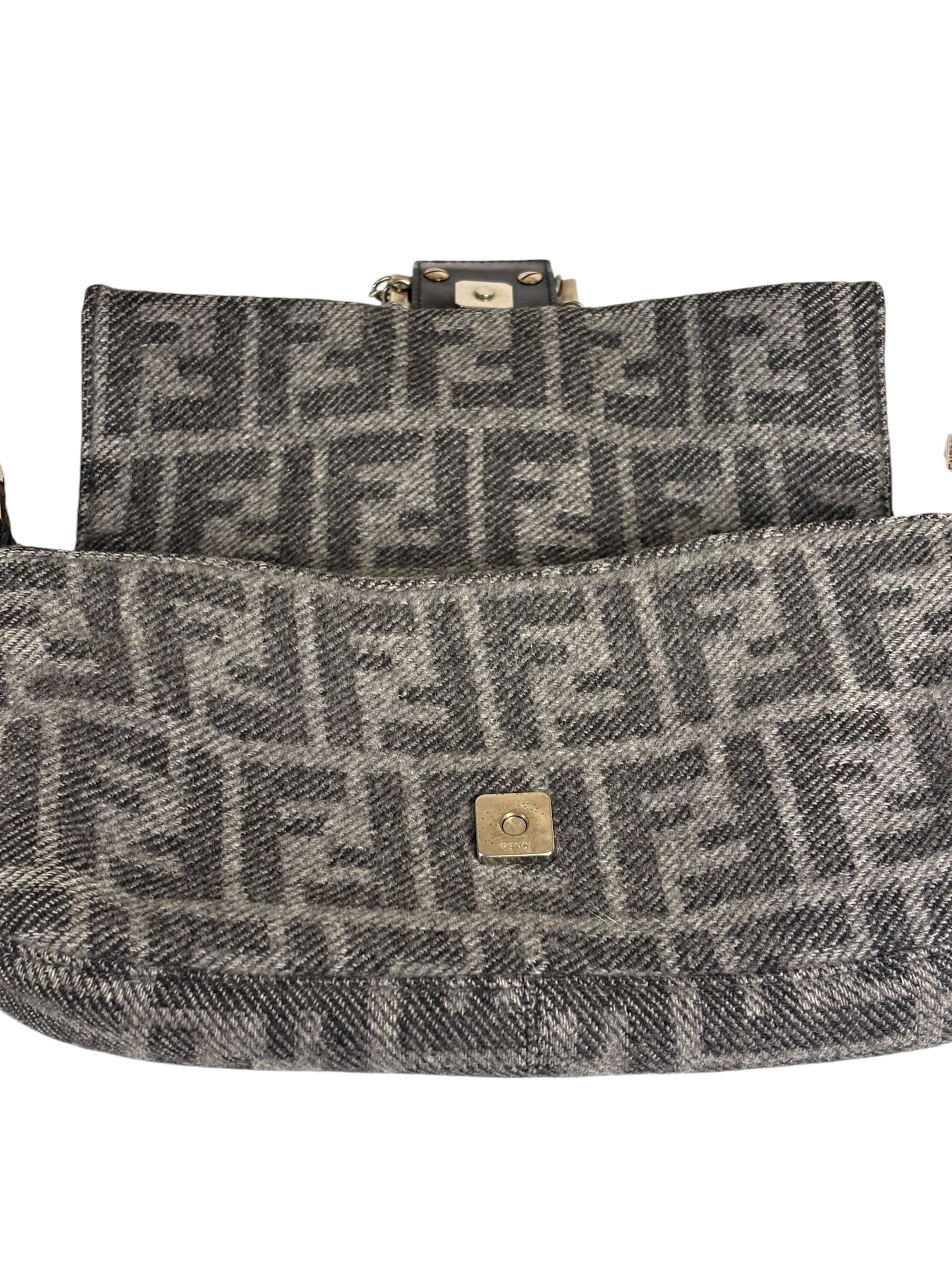 Fendi Grey/Black Leather Trim/Wool Zucca Baguette