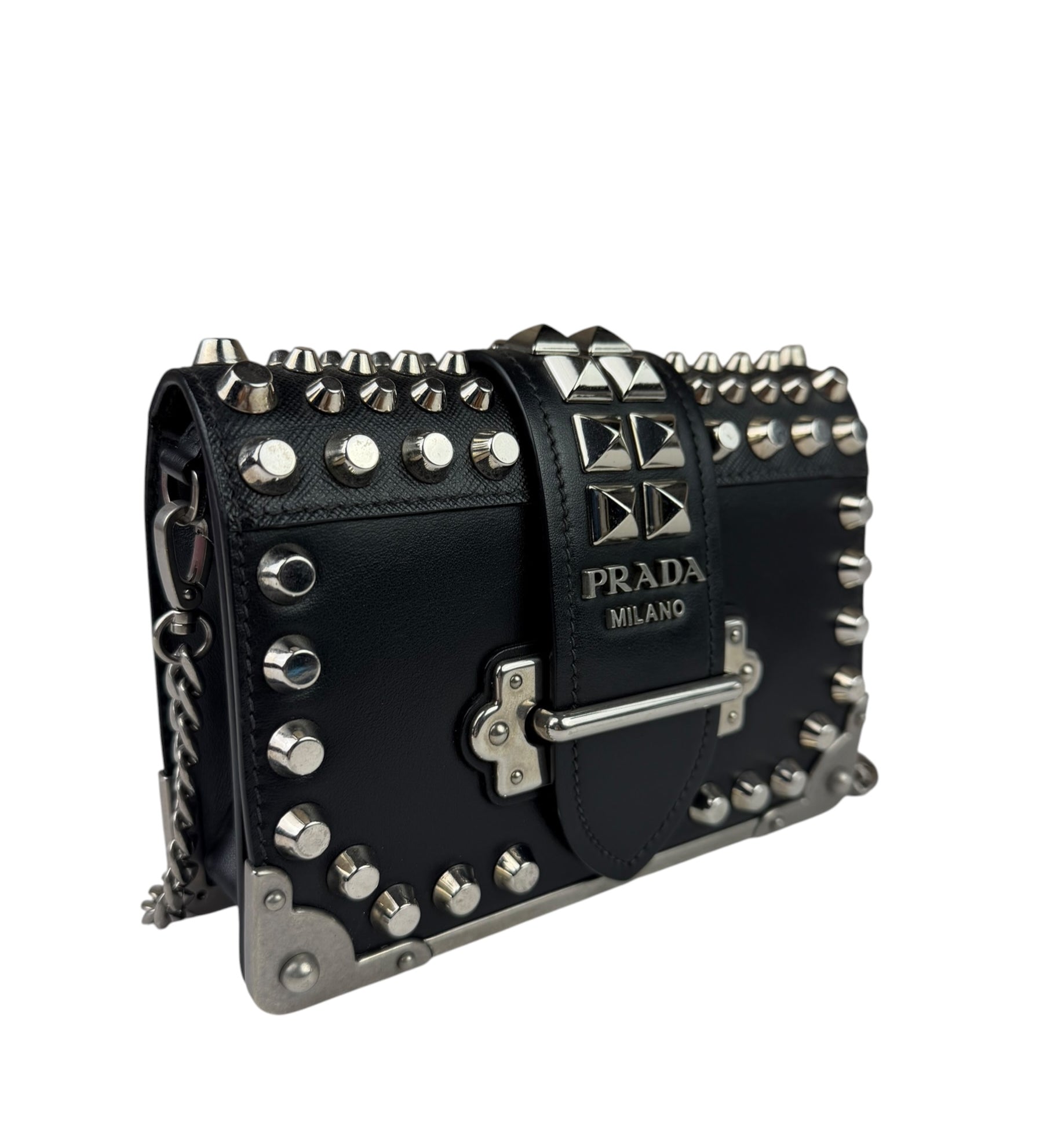 Prada Black Calfskin Studded City Cahier Crossbody Bag