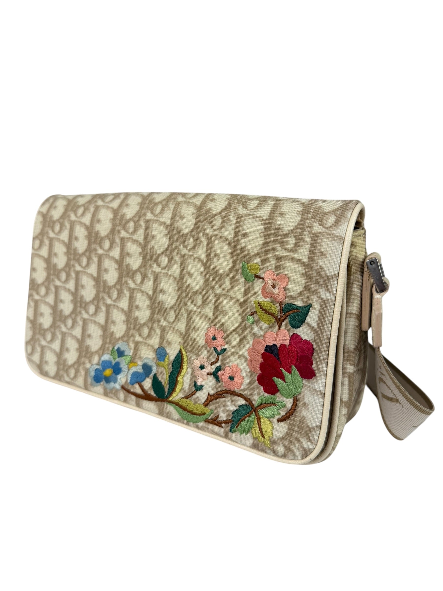 Christian Dior Beige Leather Trim Trotter Floral Embroidered Flap Bag