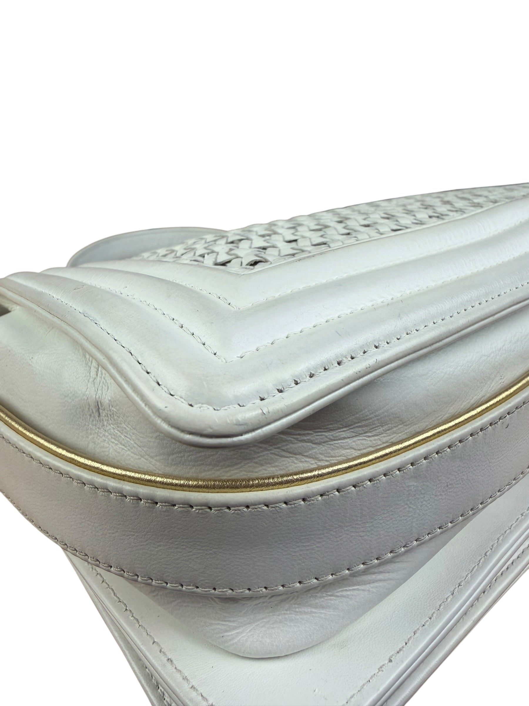 Chanel Vintage White Leather Braided Boy Shoulder Bag 1989