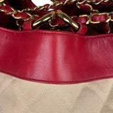 Chanel Vintage Beige/Red Leather Trim Drawstring Bucket Bag 1989