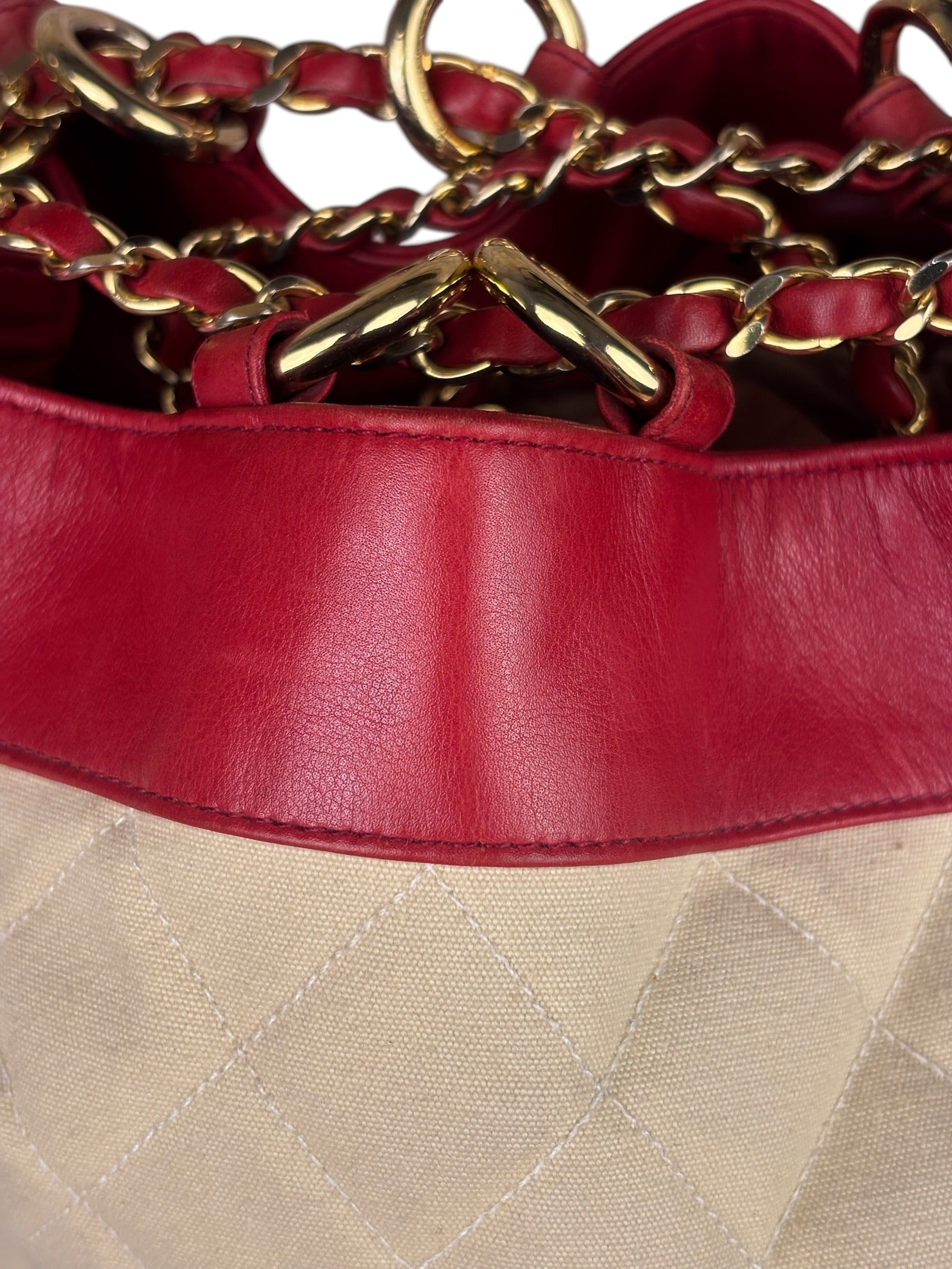 Chanel Vintage Beige/Red Leather Trim Drawstring Bucket Bag 1989