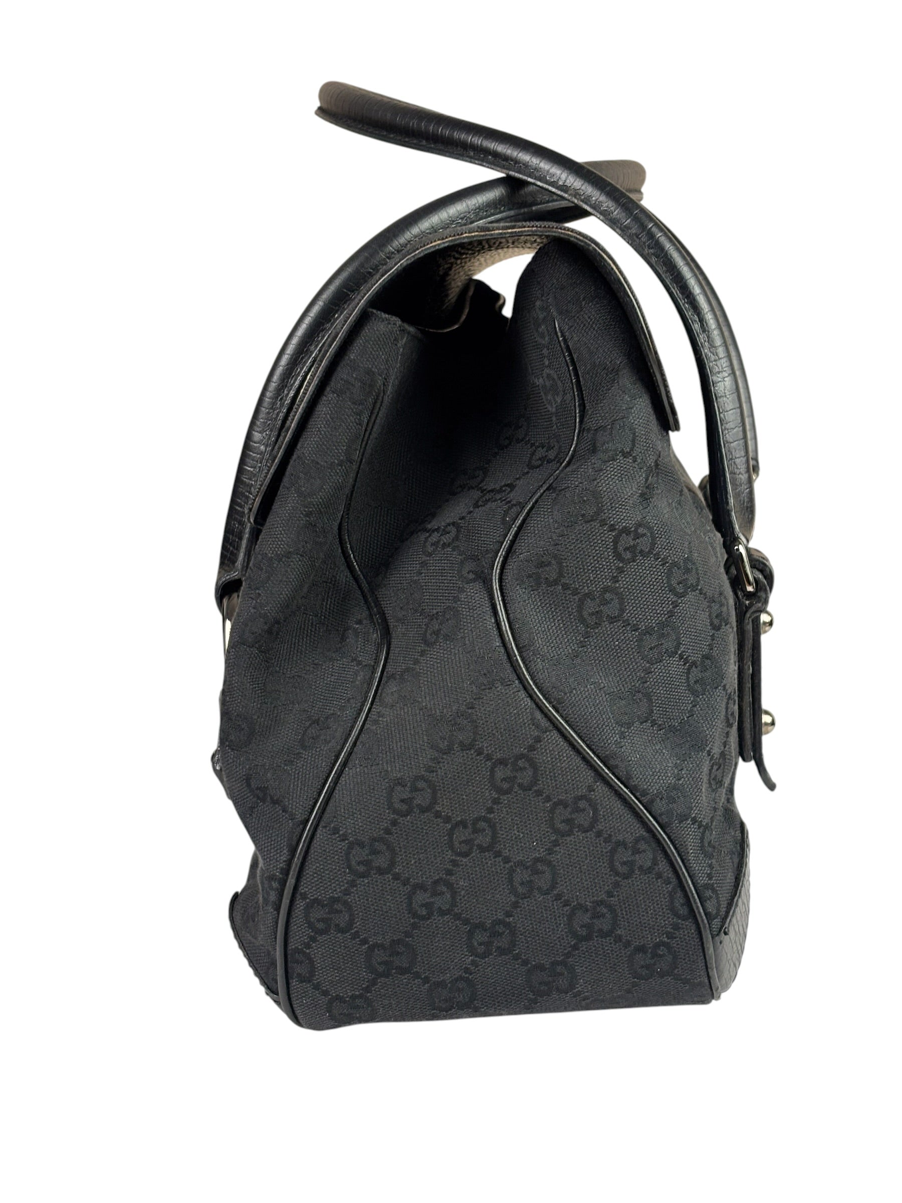 Gucci Black Leather Trim GG Horsebit Shoulder Bag