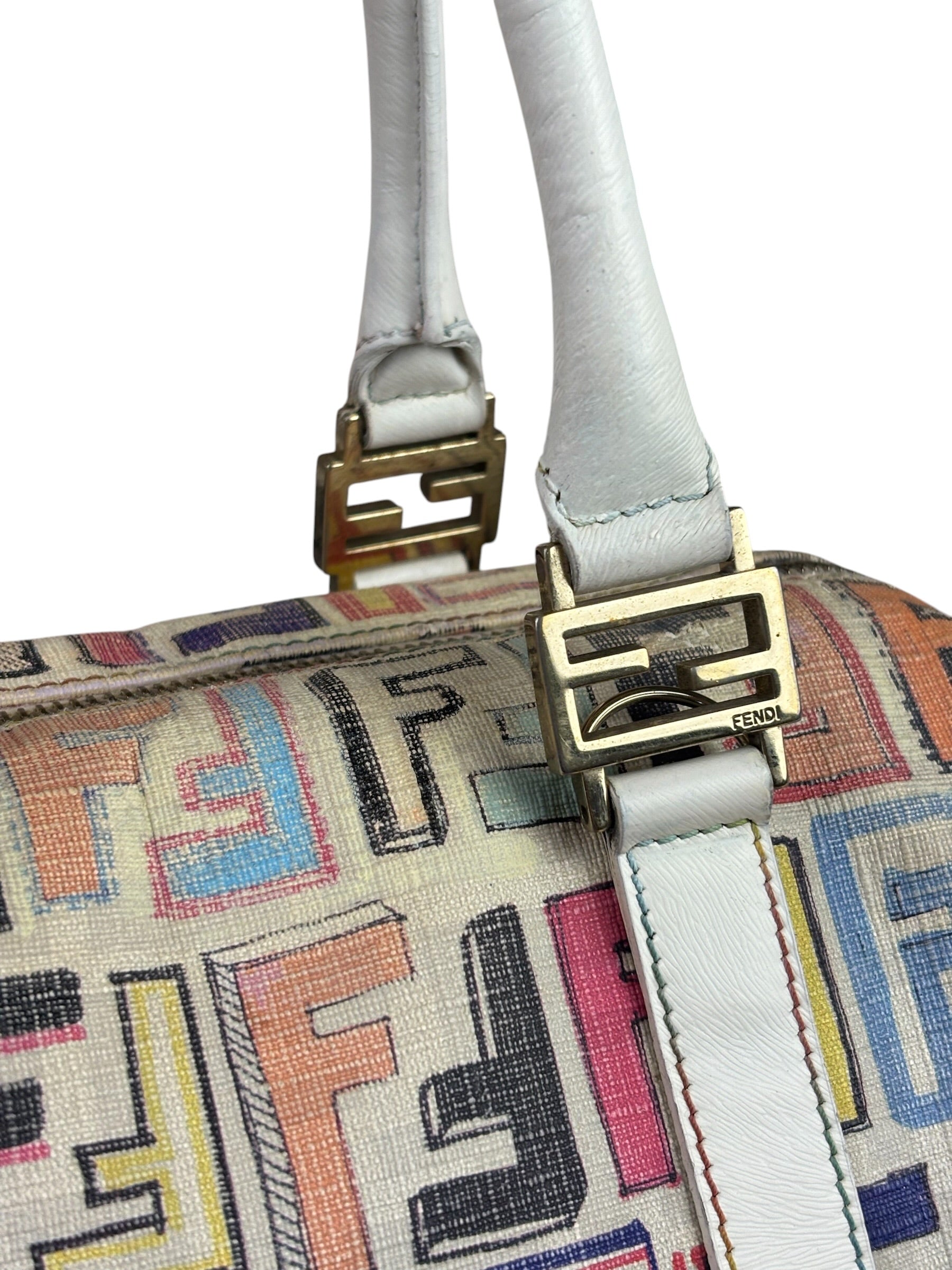 Fendi Beige Leather Multicolor Zucca Forever Boston Bag