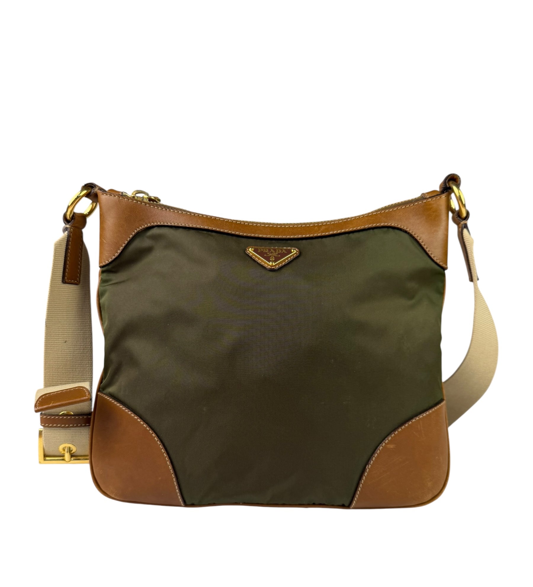 Prada Green/Brown Nylon/Leather Trim Crossbody Bag