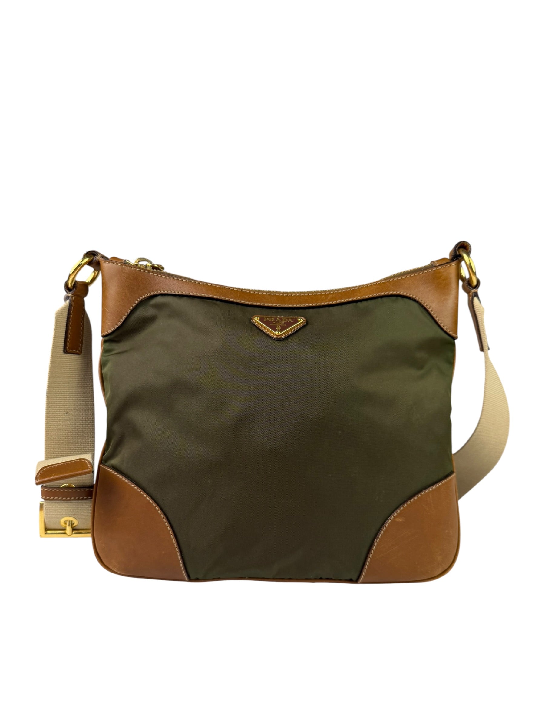 Prada Green/Brown Nylon/Leather Trim Crossbody Bag