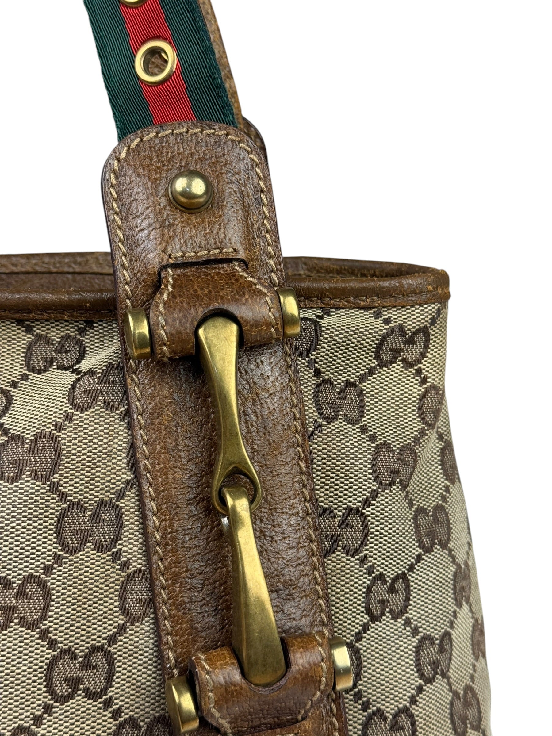 Gucci Vintage Brown Leather Trim Grommet Web Shoulder Bag