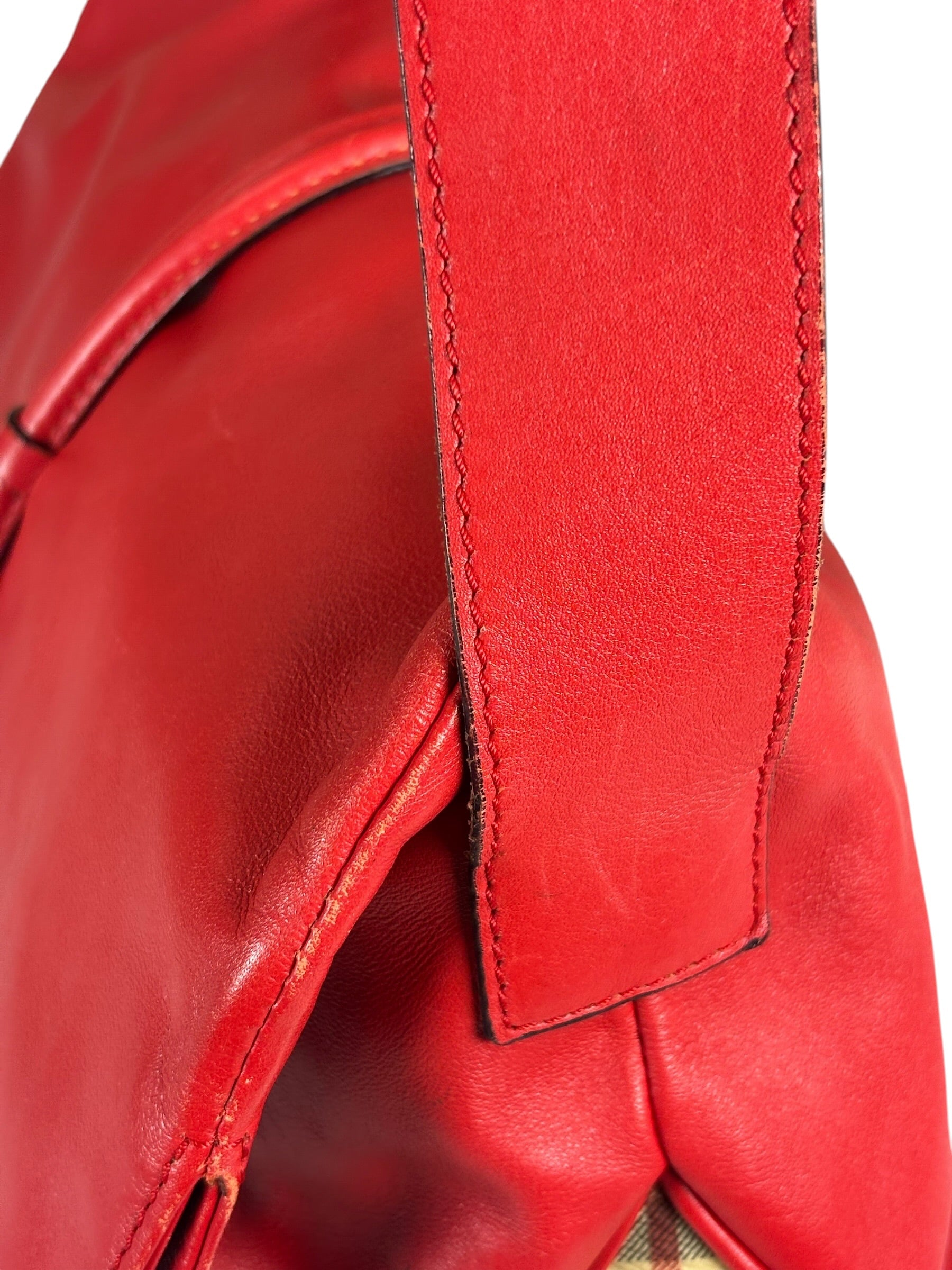 Burberry Red Leather Haymarket Check Shoulder Bag