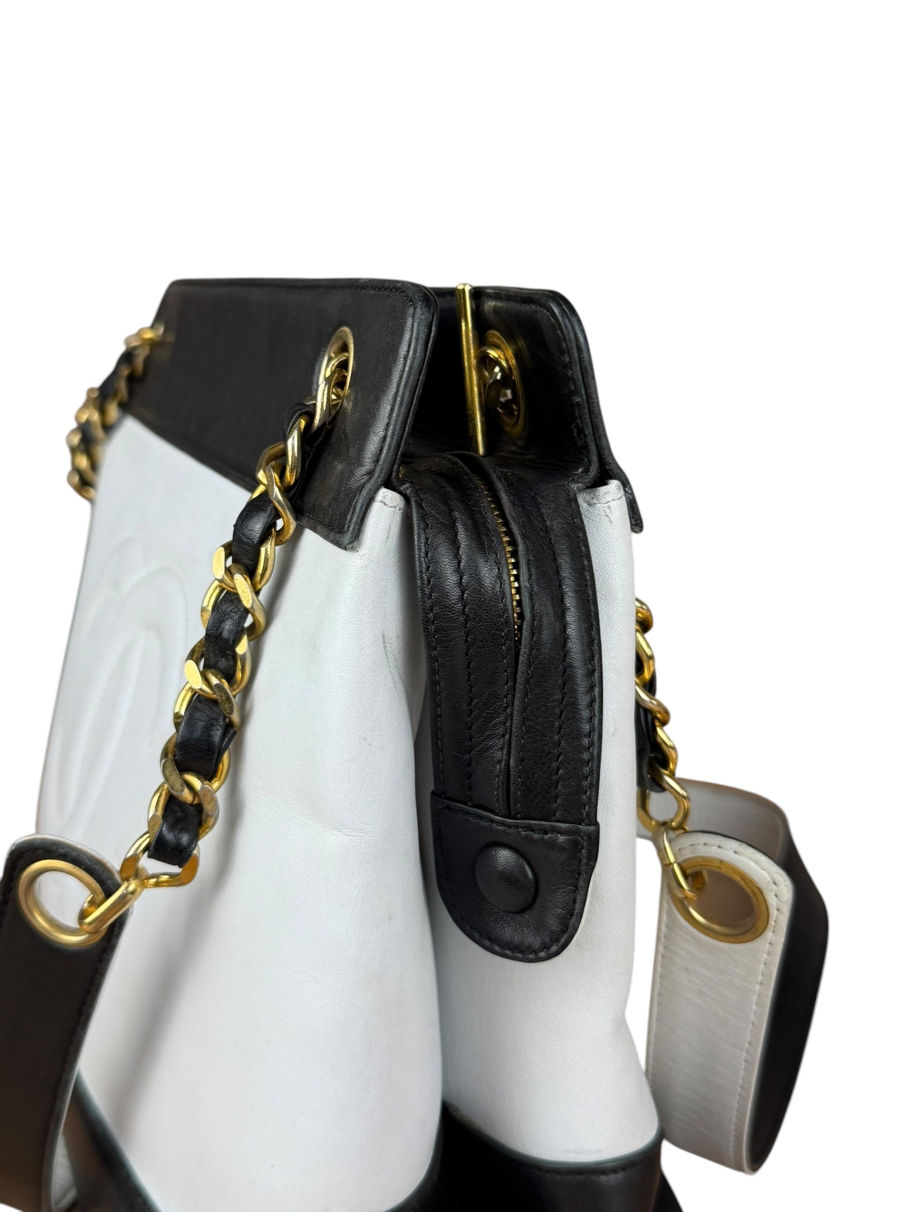 Chanel Vintage Black/White Leather CC Chain Tote '89-'91