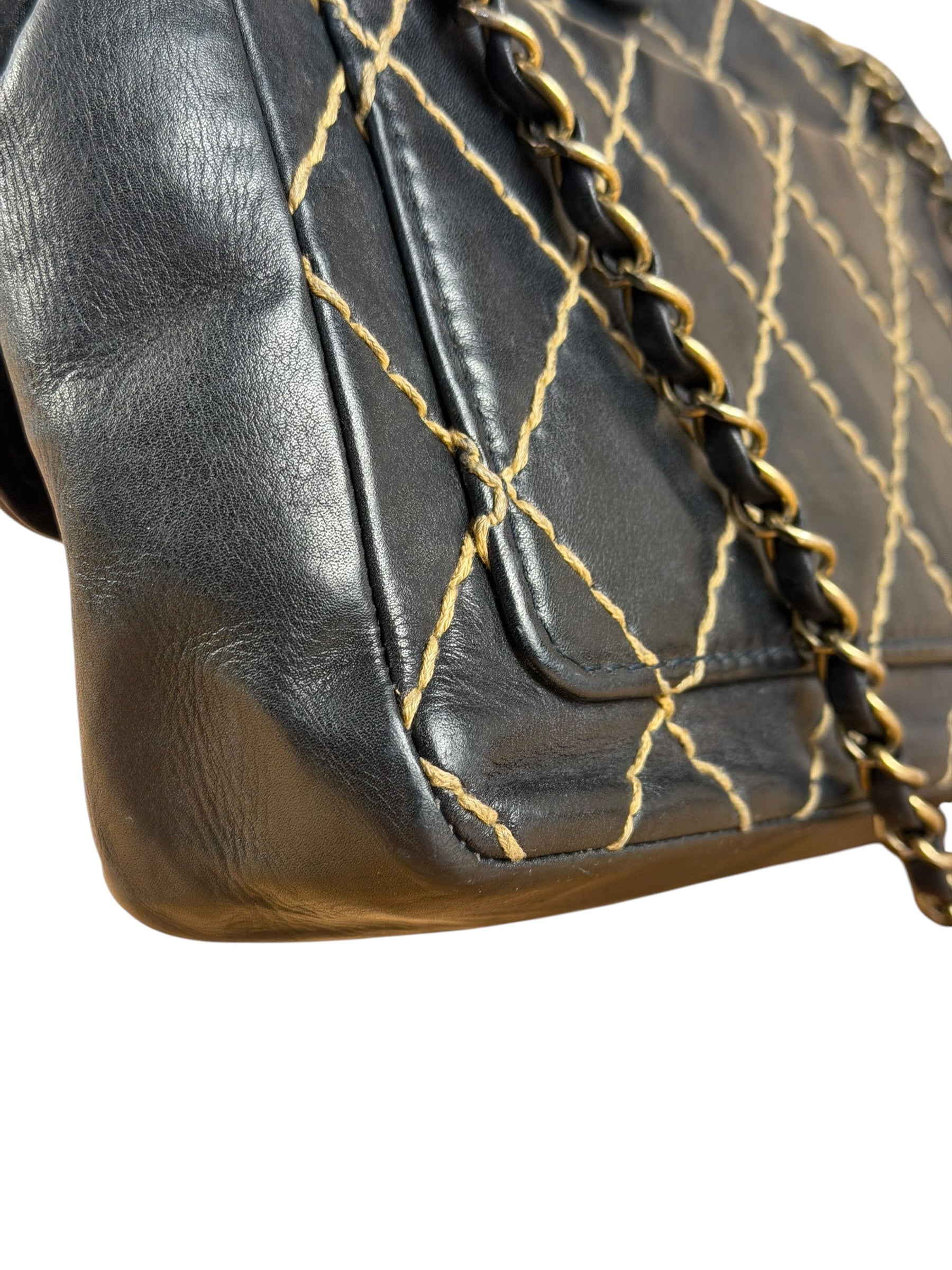 Chanel Vintage Navy Blue Leather Wild Stitch Surpique Flap Bag 2001