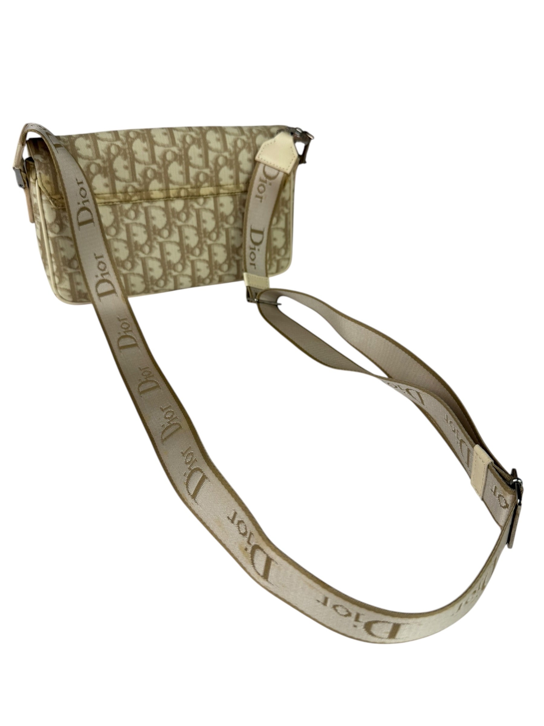 Christian Dior Beige Leather Trim Trotter Floral Embroidered Flap Bag