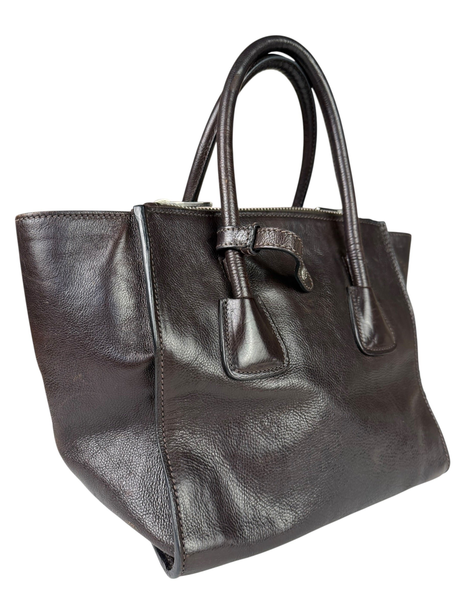 Prada Dark Brown Calf Leather Glace Twin-Pocket Tote
