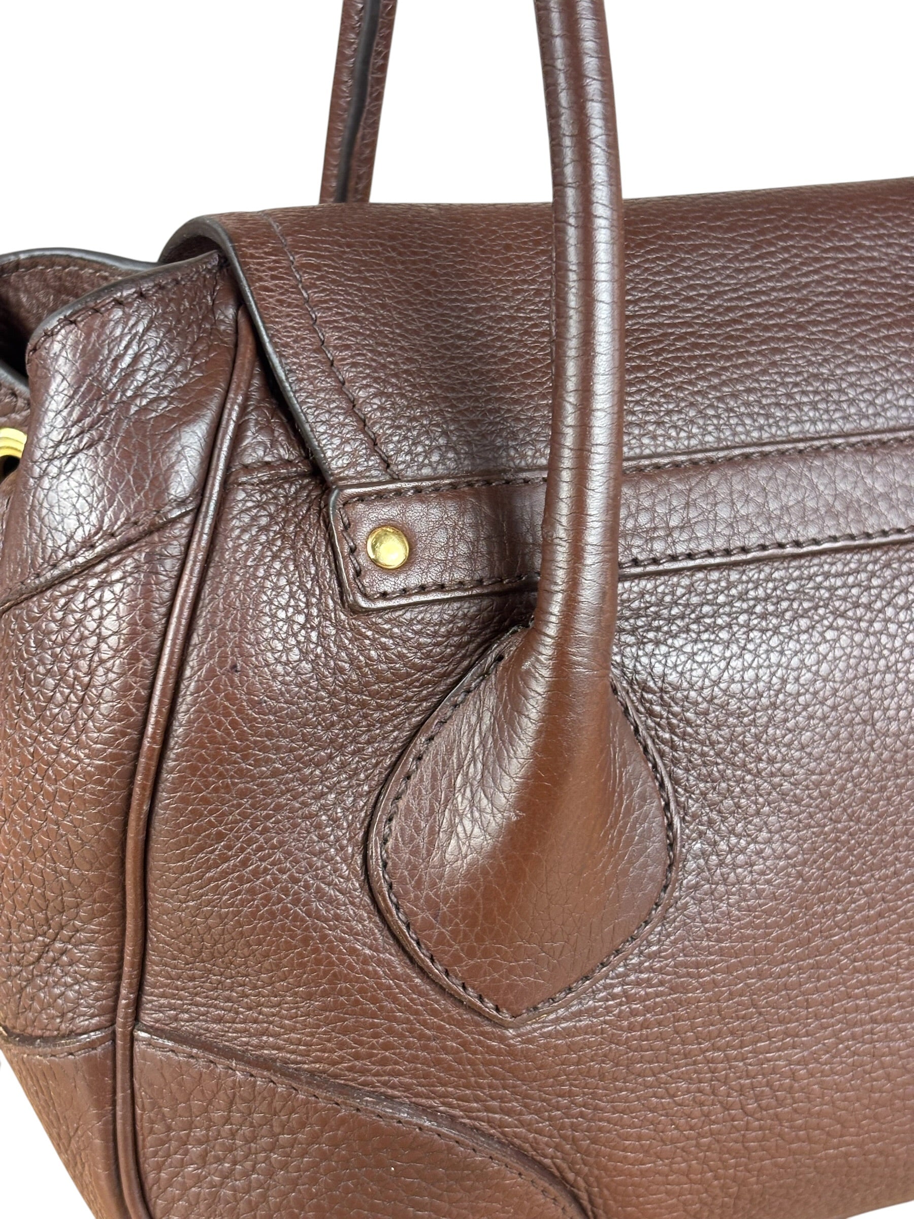 Prada Rich Brown Vitello Daino Sound Lock Satchel Shoulder Bag