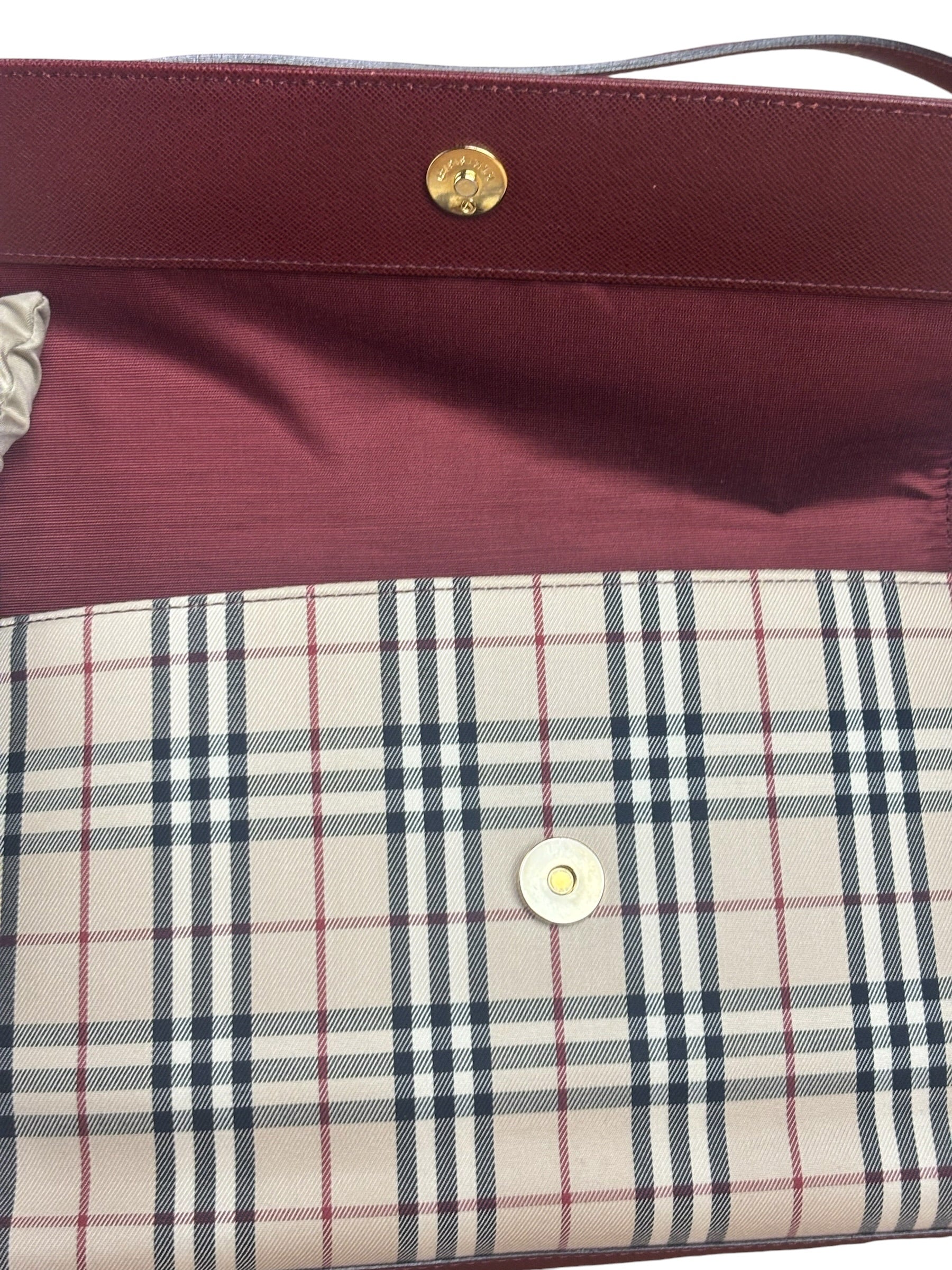 Burberry Burgundy Leather Trim House Check Shoulder Bag