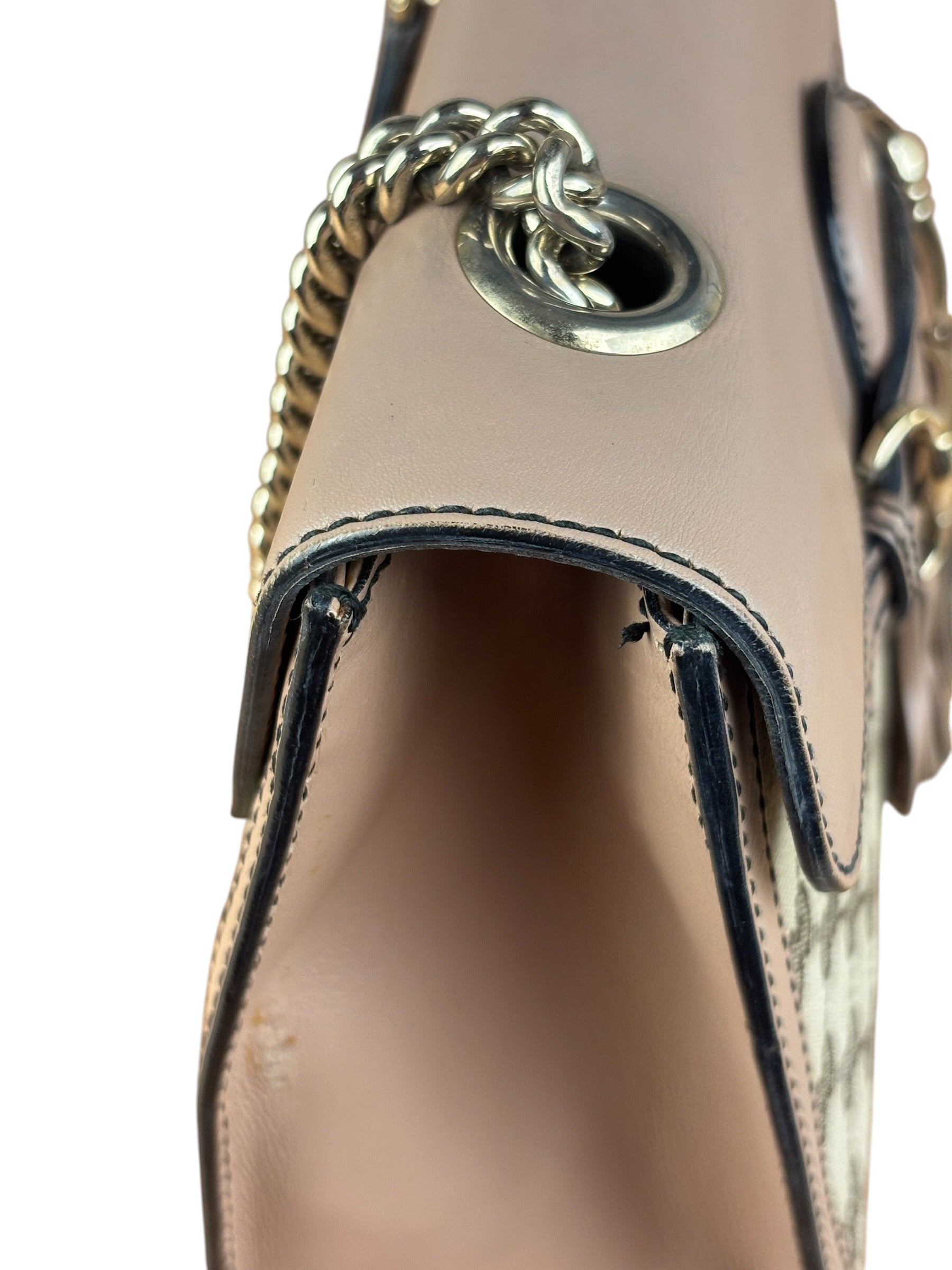 Gucci Peach Leather Trim GG Canvas Emily Chain Flap Shoulder Bag