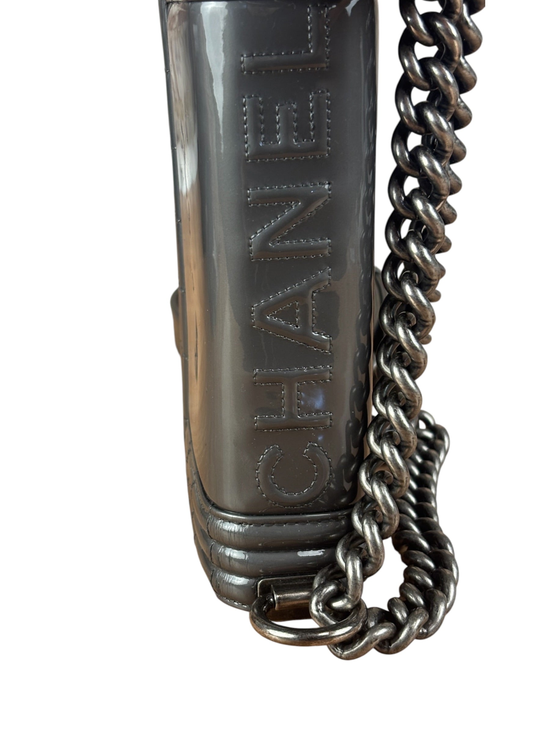 Chanel Gray Patent Leather Boy Flap Shoulder Bag