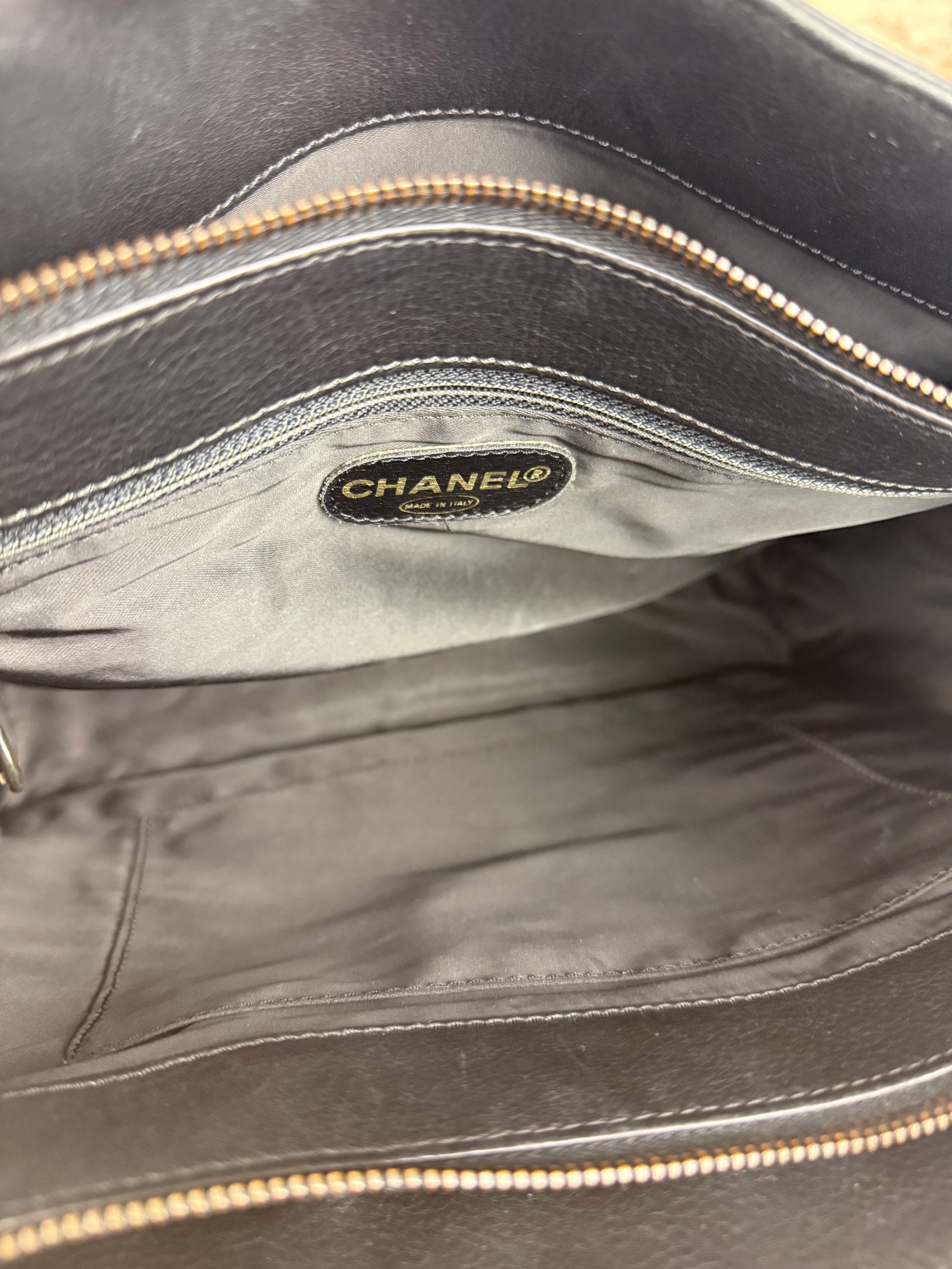 Chanel Black Leather Front Pocket Chain Tote 1998