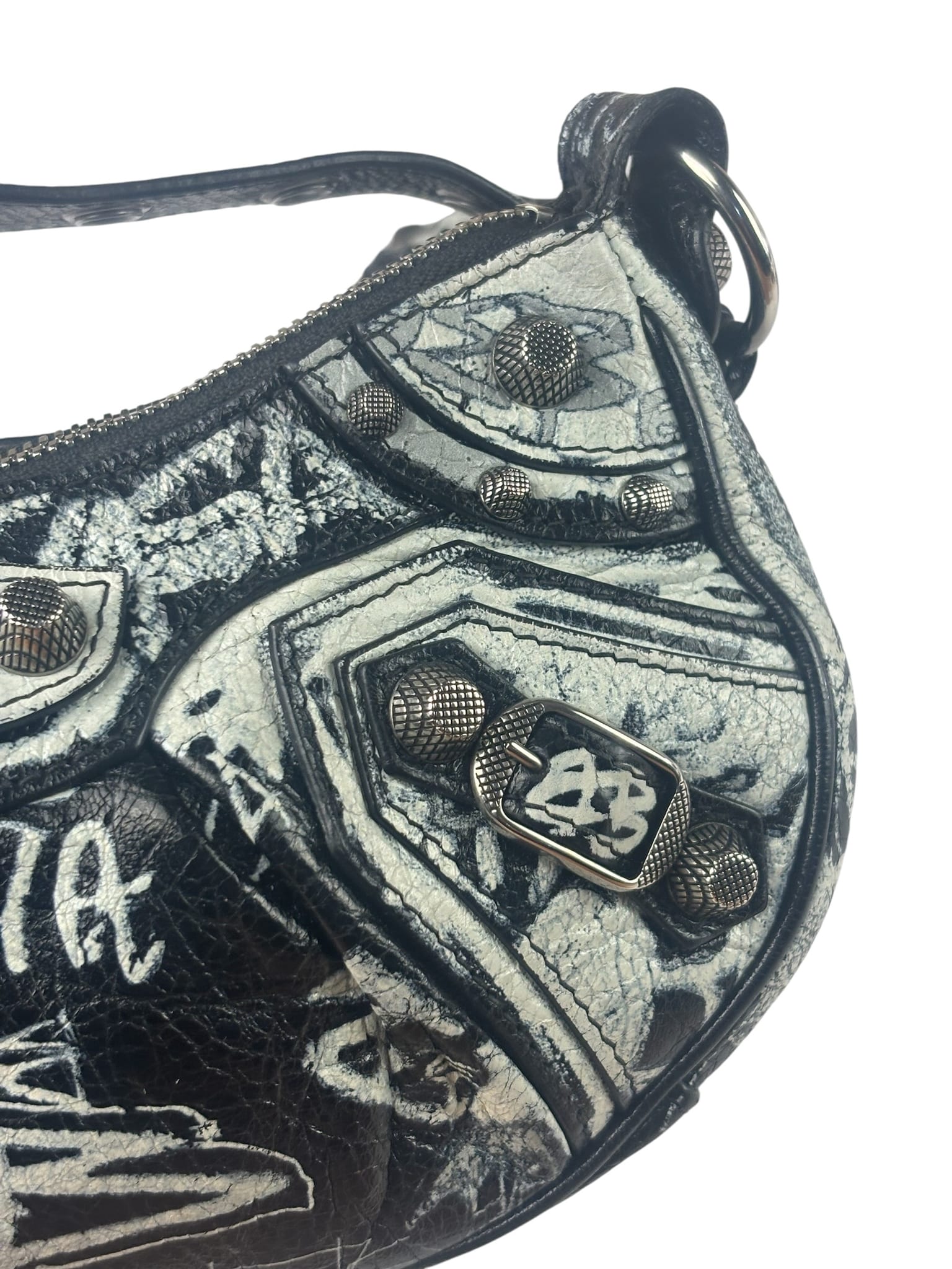 Balenciaga Black/White Leather Le Cagole Graffiti Shoulder Bag