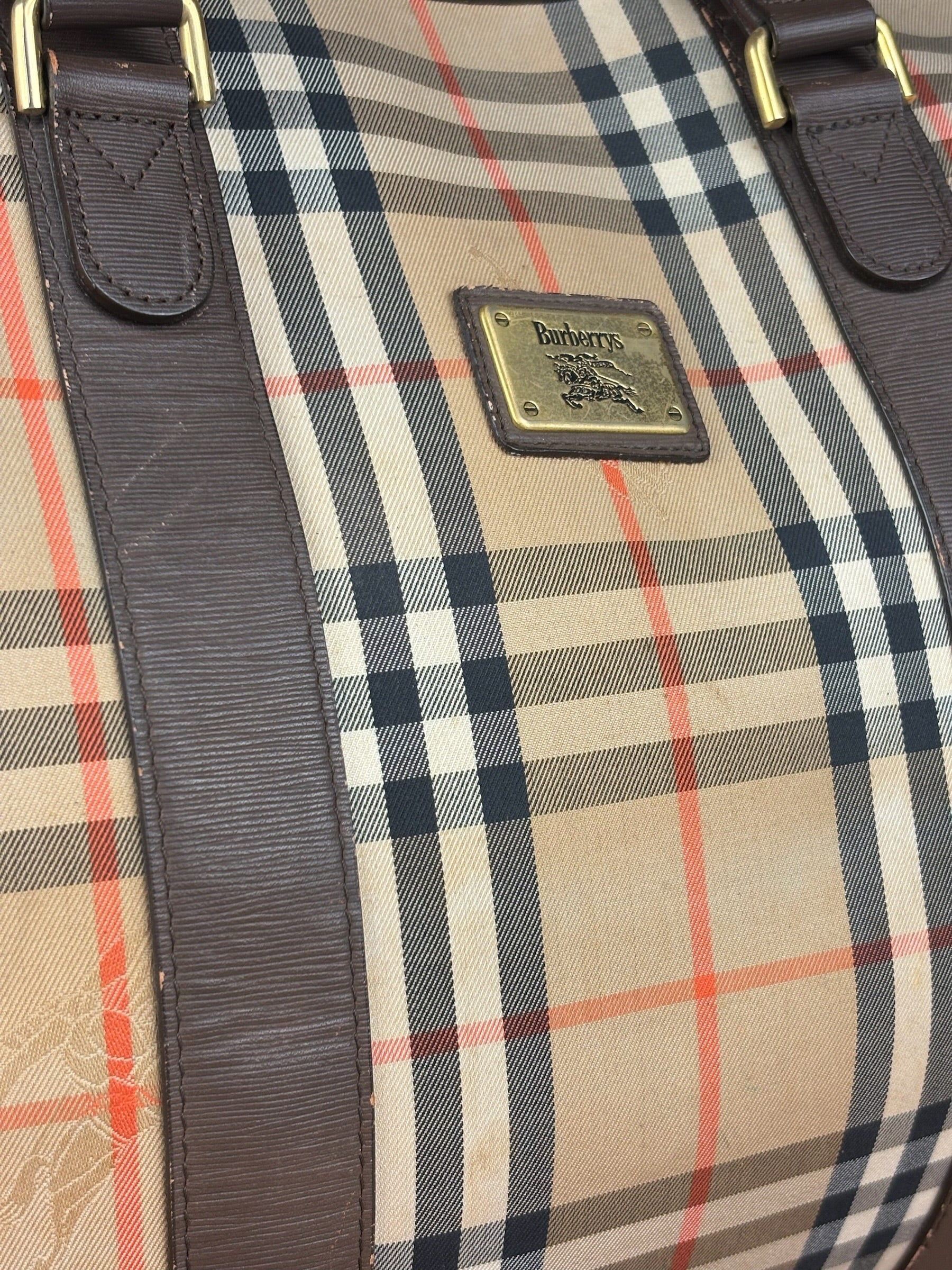 Burberry Leather House Check Boston Duffle Bag