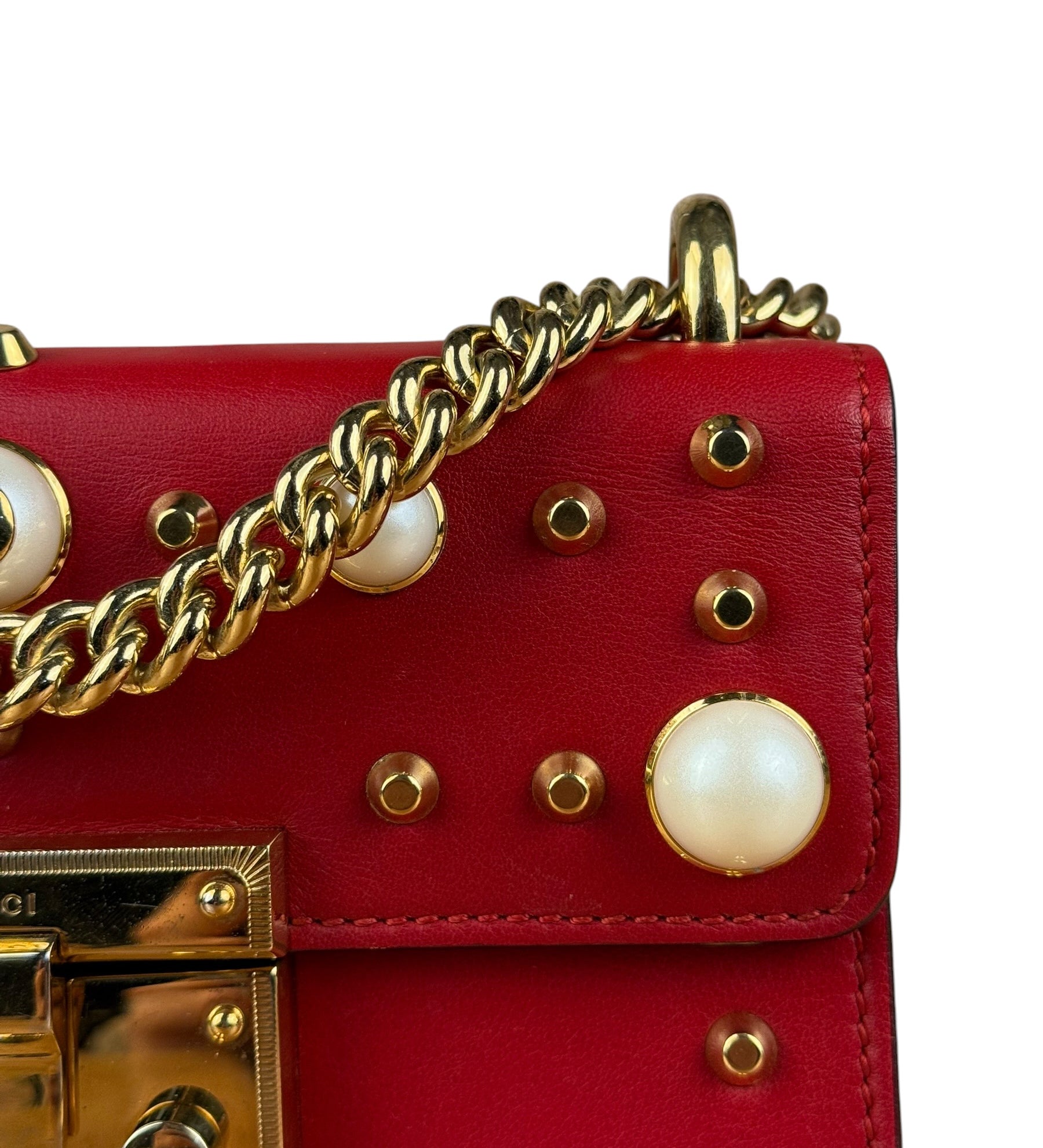 Gucci Red Leather Pearl Studded Padlock Shoulder Bag