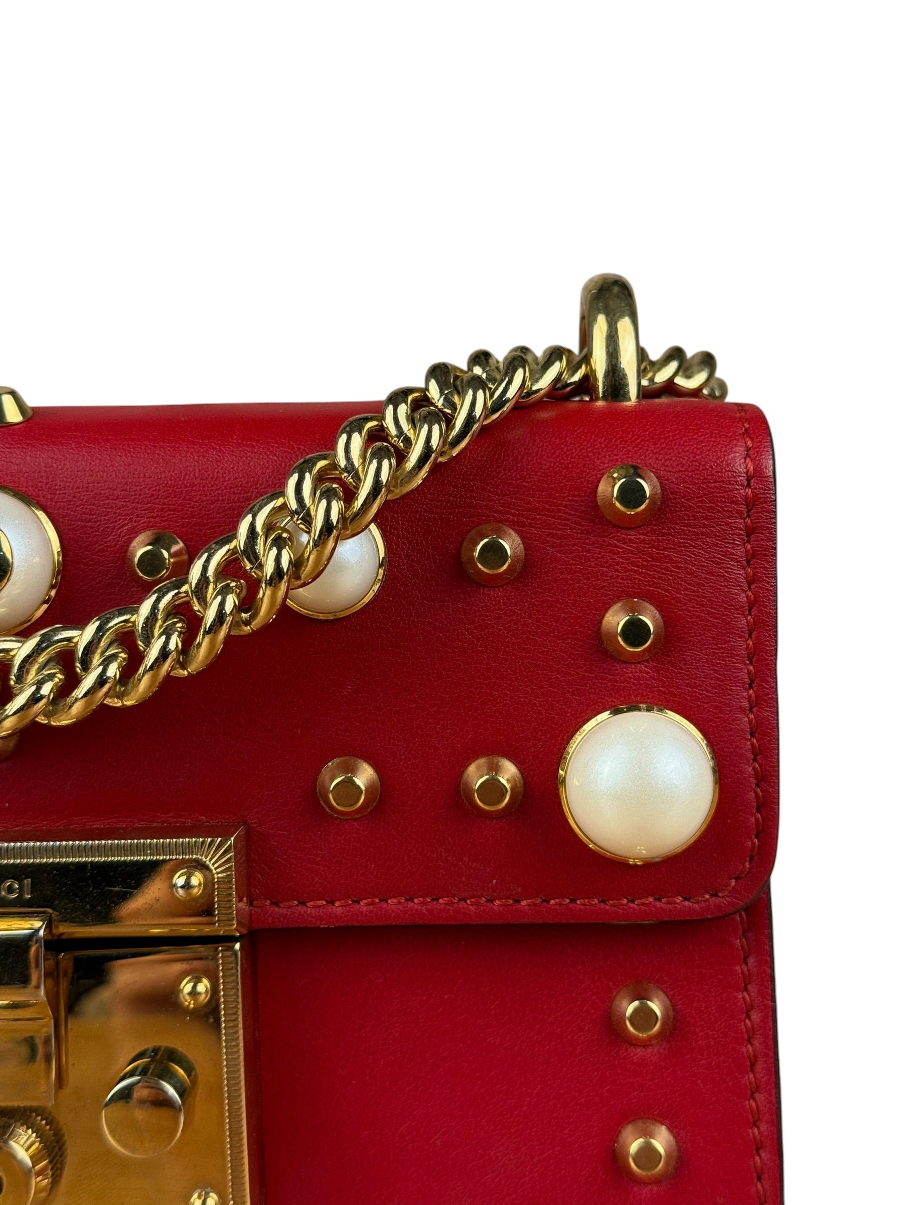 Gucci Red Leather Pearl Studded Padlock Shoulder Bag
