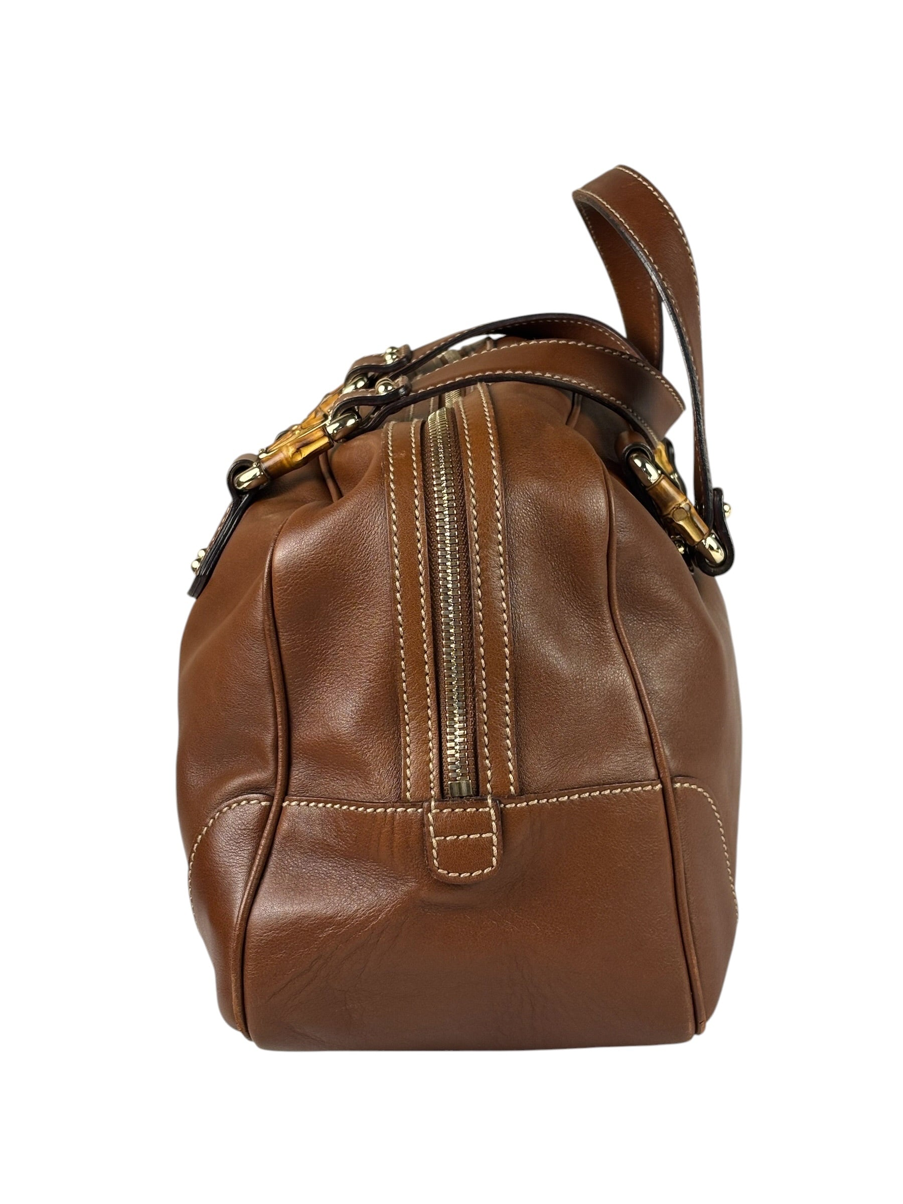 Gucci Tan Brown Leather Bamboo Handle Boston Bag