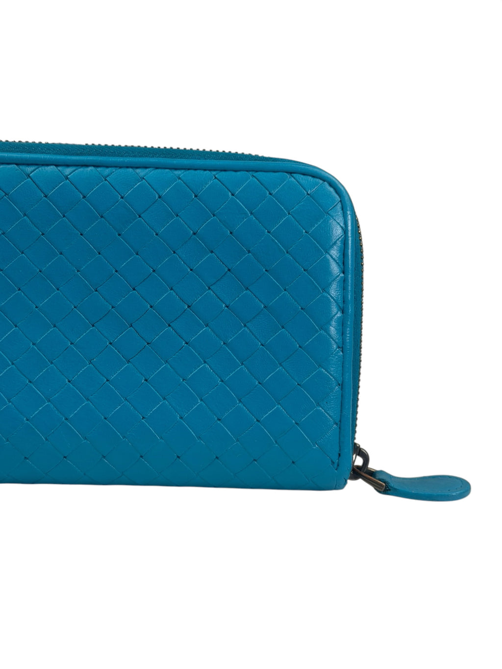 Bottega Veneta Blue Intrecciato Zip Around Long Wallet