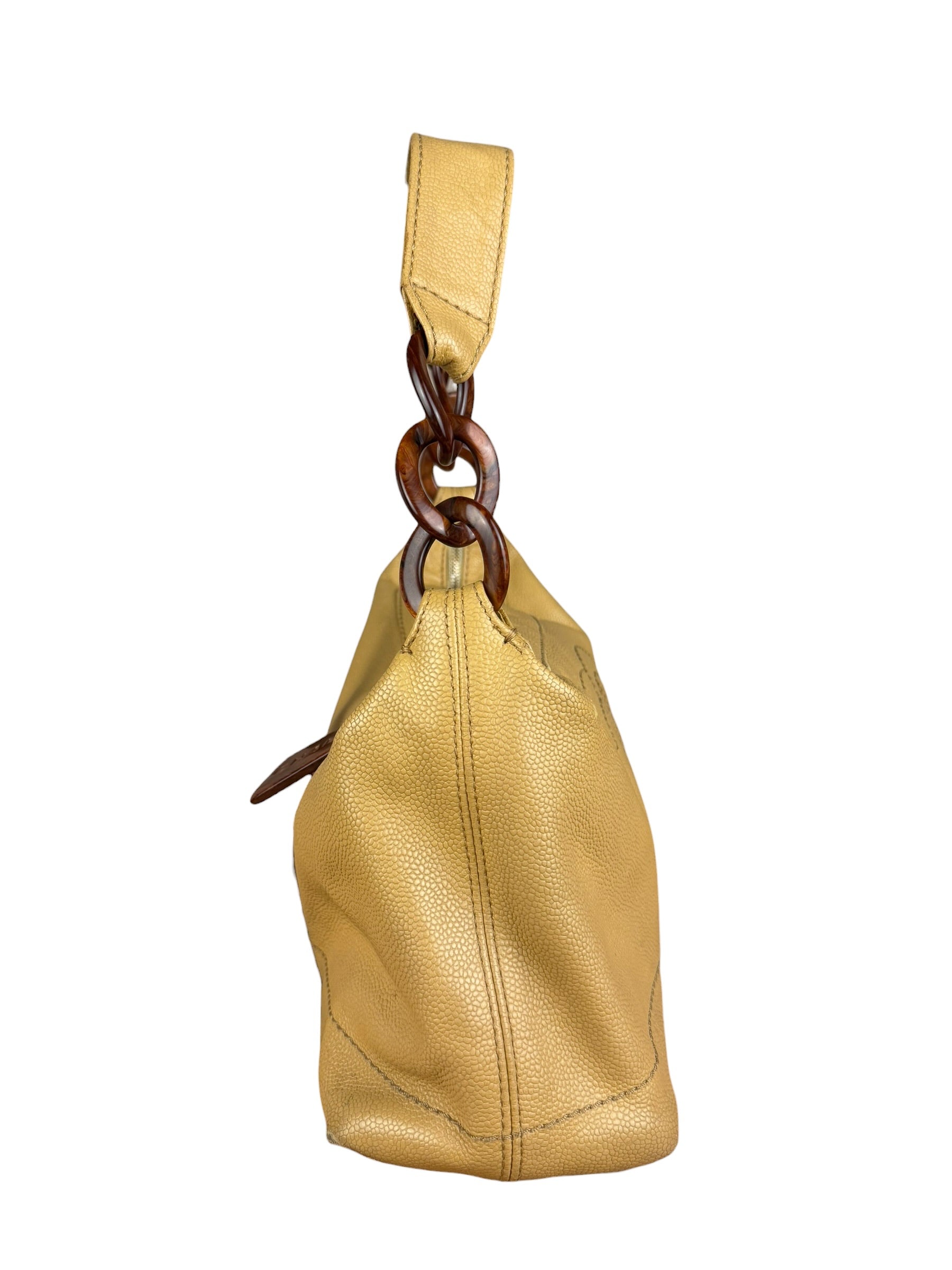 Chanel CC Vintage Beige Leather Caviar Wood Chain Hobo Bag