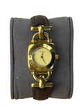 Gucci 6300L Champagne Dial Horsebit Black Leather Strap