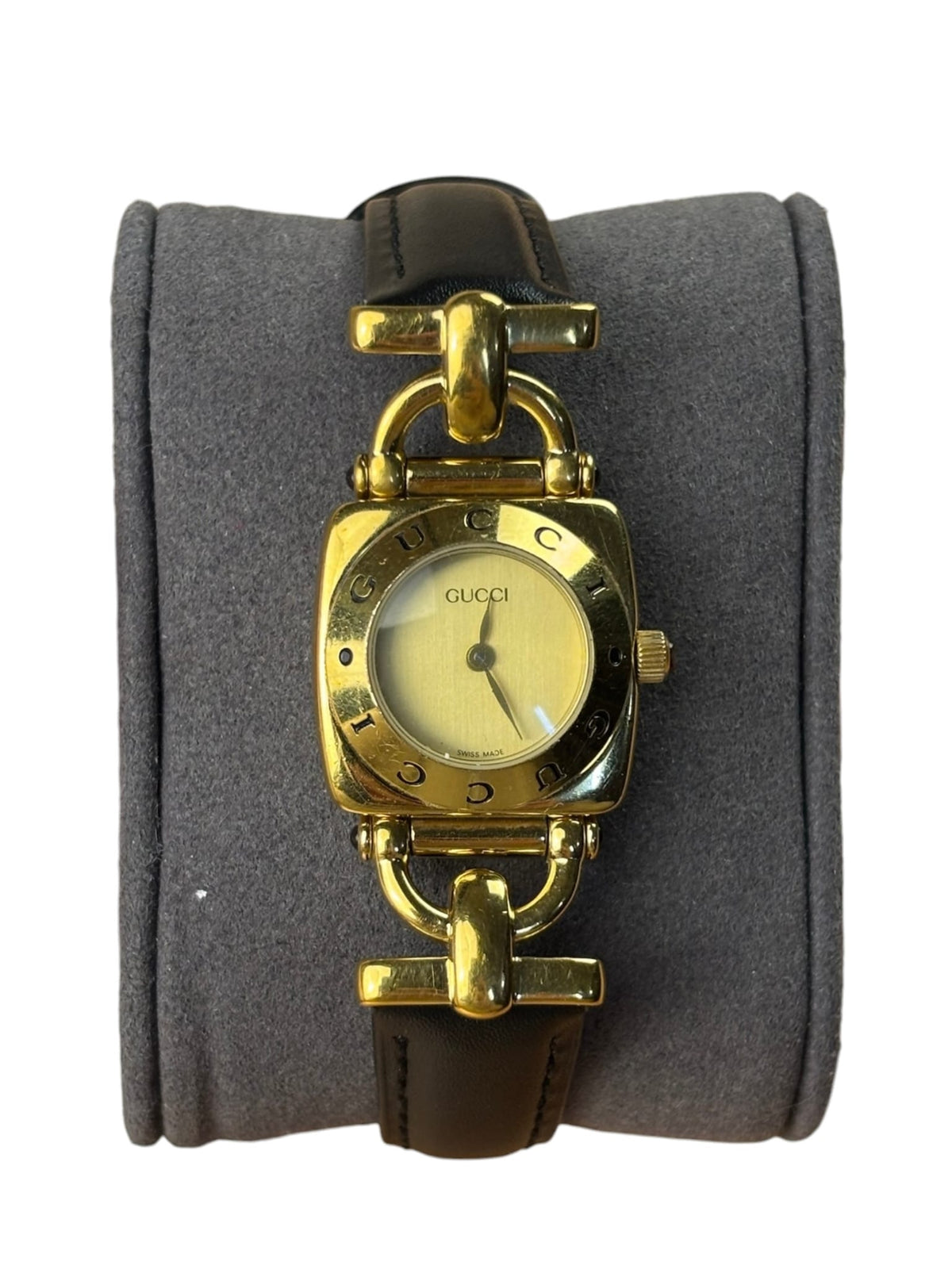 Gucci 6300L Champagne Dial Horsebit Black Leather Strap