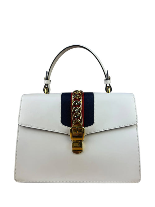 Gucci White Leather Sylvie Web Strap Top Handle