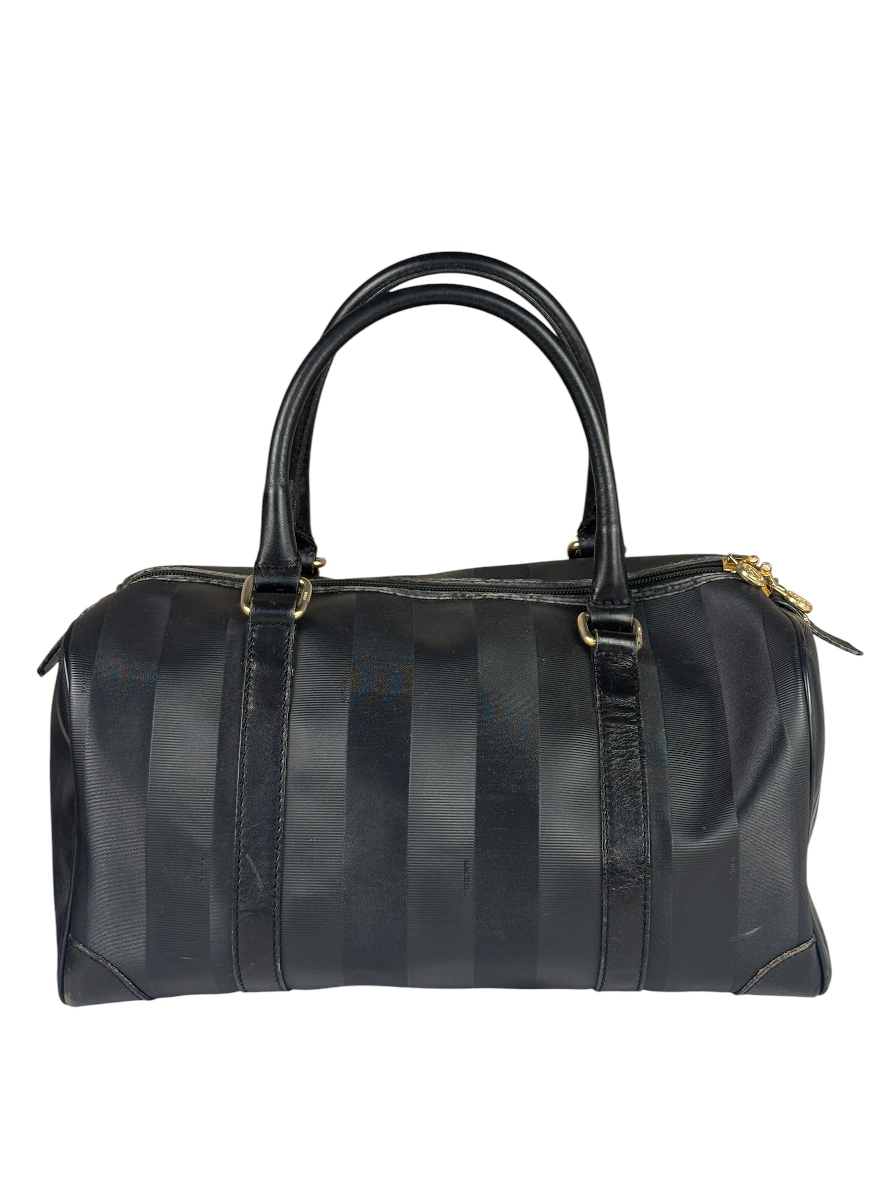 Fendi Grey/Black Leather Striped Boston Bag