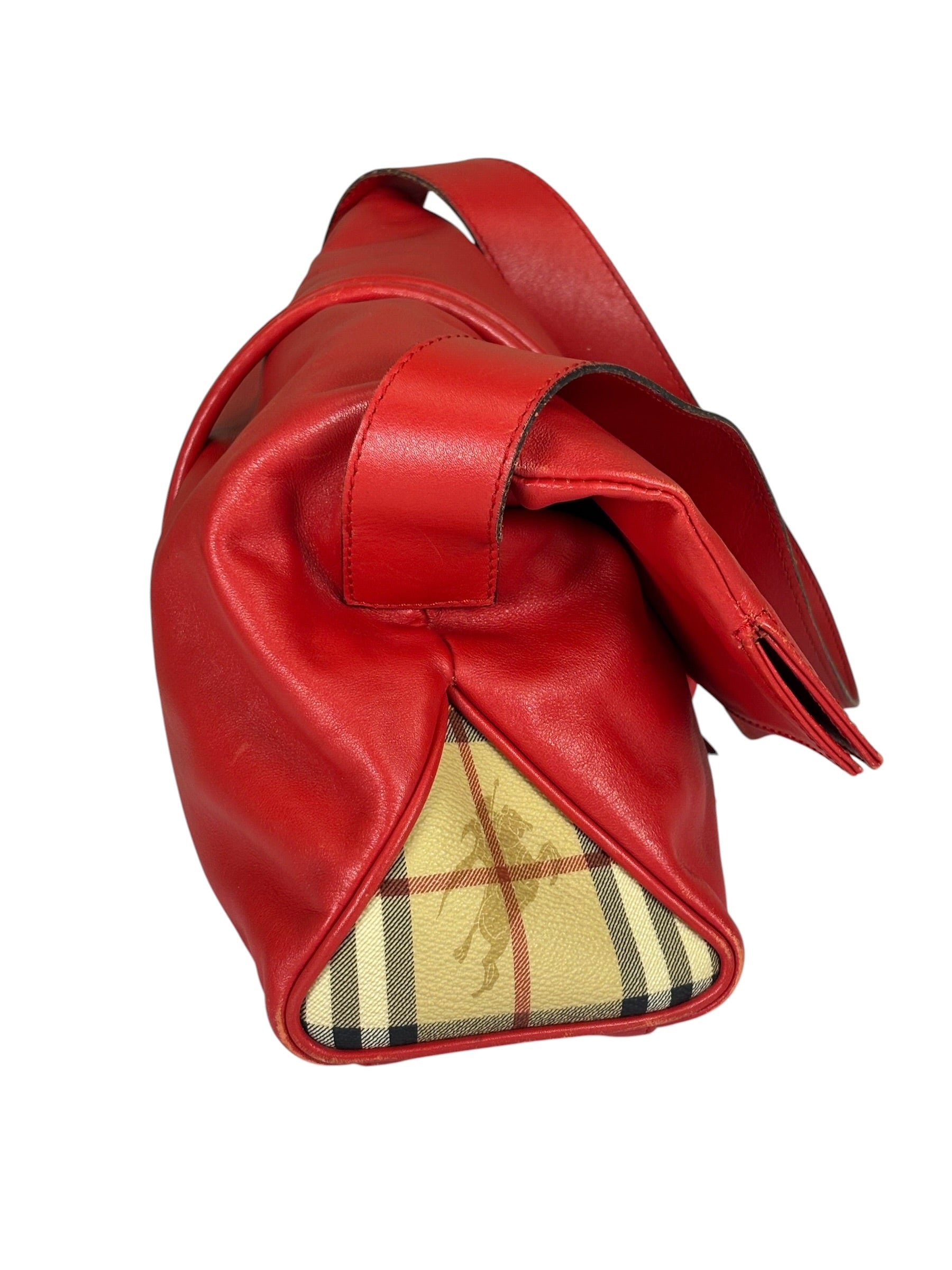 Burberry Red Leather Haymarket Check Shoulder Bag